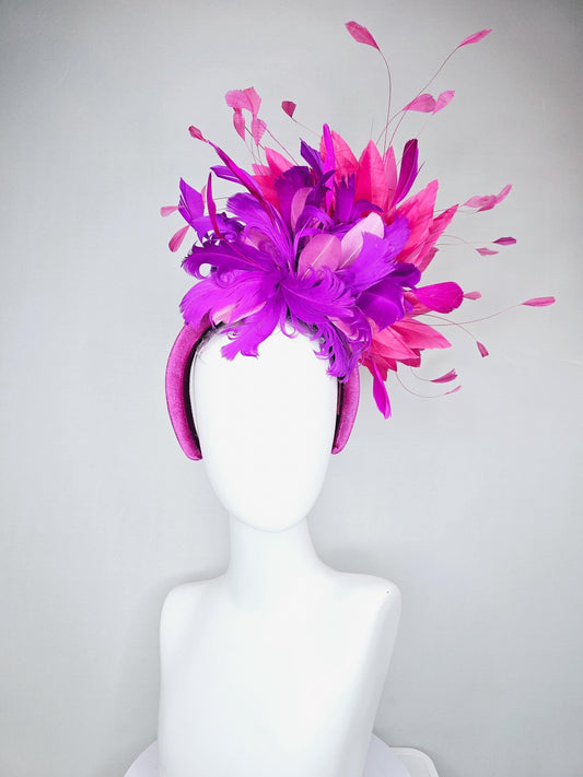 kentucky derby hat fascinator magenta purple pink velvet headband, fluffy lavender purple, hot pink, light pink branching feathers