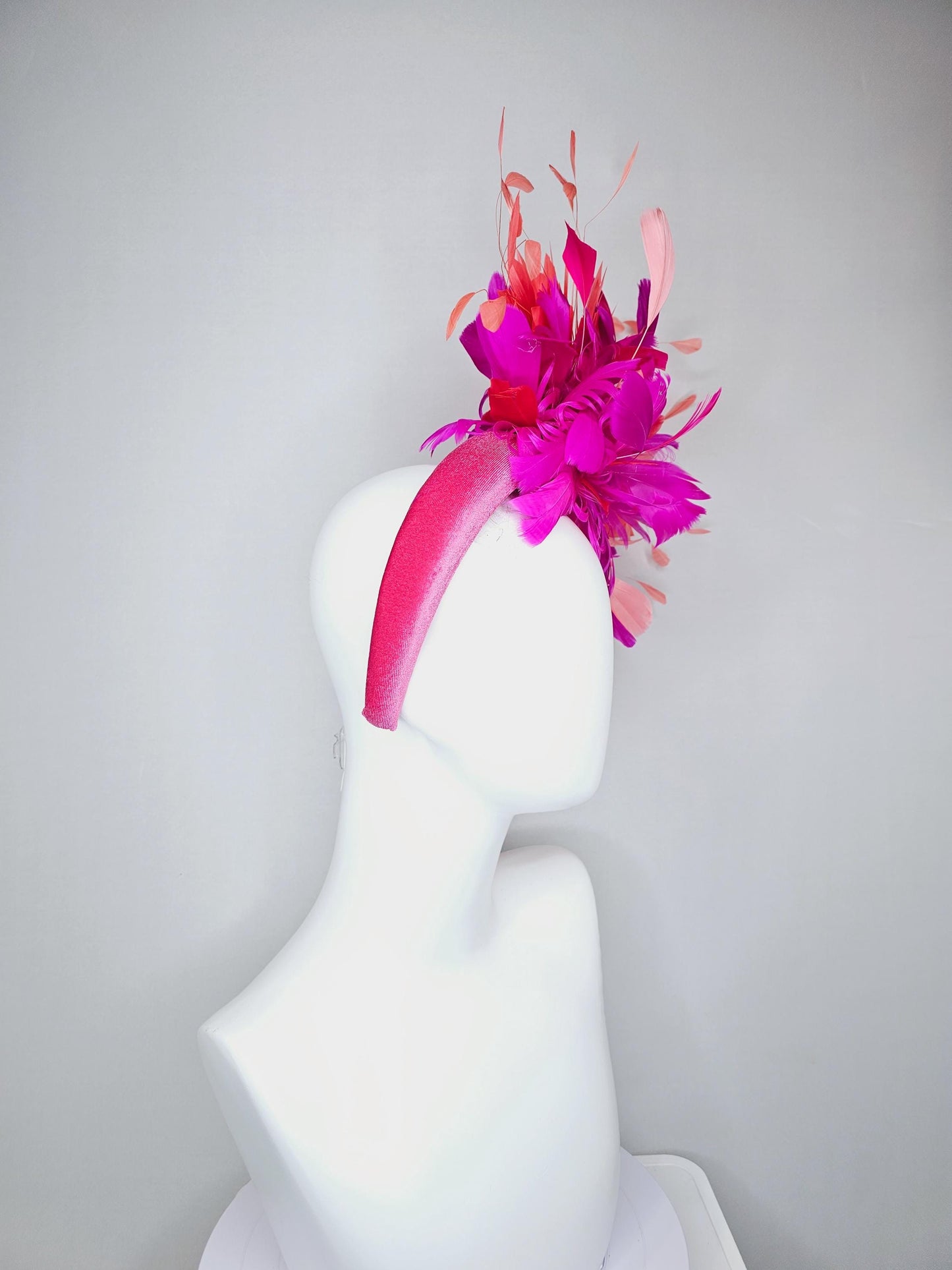 kentucky derby hat fascinator pink velvet headband, fluffy red, bright pink fuchsia, coral orange peach branching feathers