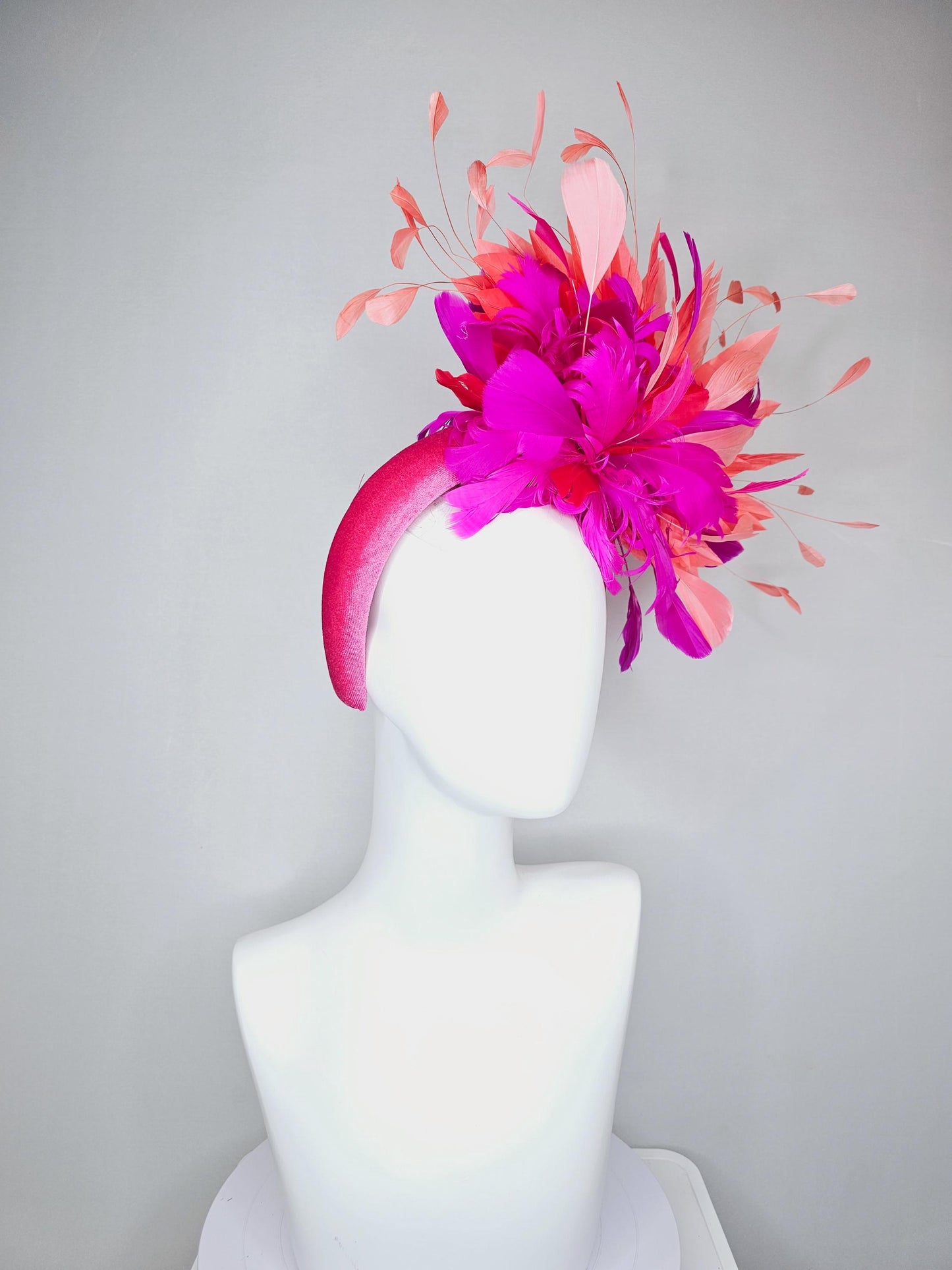 kentucky derby hat fascinator pink velvet headband, fluffy red, bright pink fuchsia, coral orange peach branching feathers