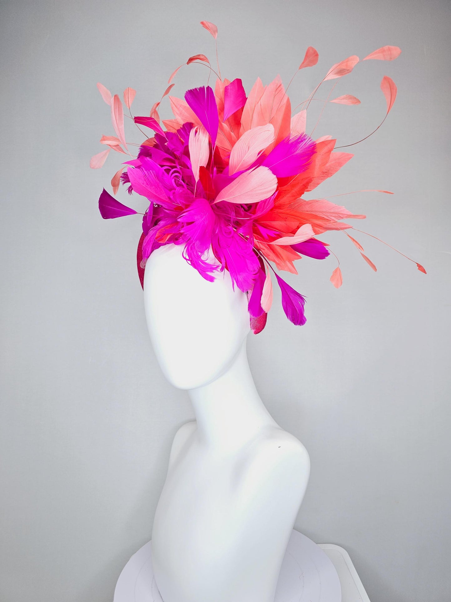 kentucky derby hat fascinator pink velvet headband, fluffy red, bright pink fuchsia, coral orange peach branching feathers