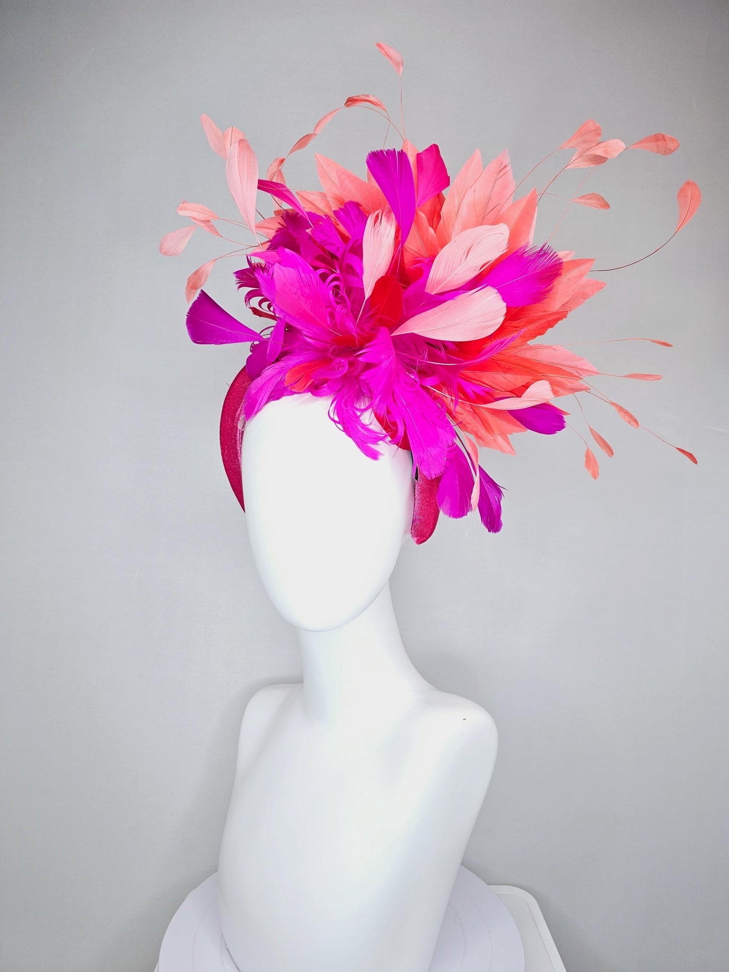 kentucky derby hat fascinator pink velvet headband, fluffy red, bright pink fuchsia, coral orange peach branching feathers