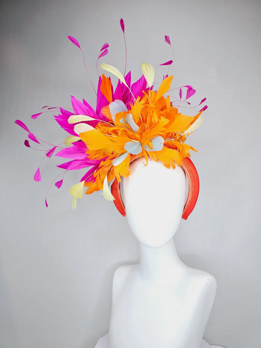 kentucky derby hat fascinator orange velvet headband, fluffy tangerine orange, light yellow, silver gray, fuchsia pink branching feathers