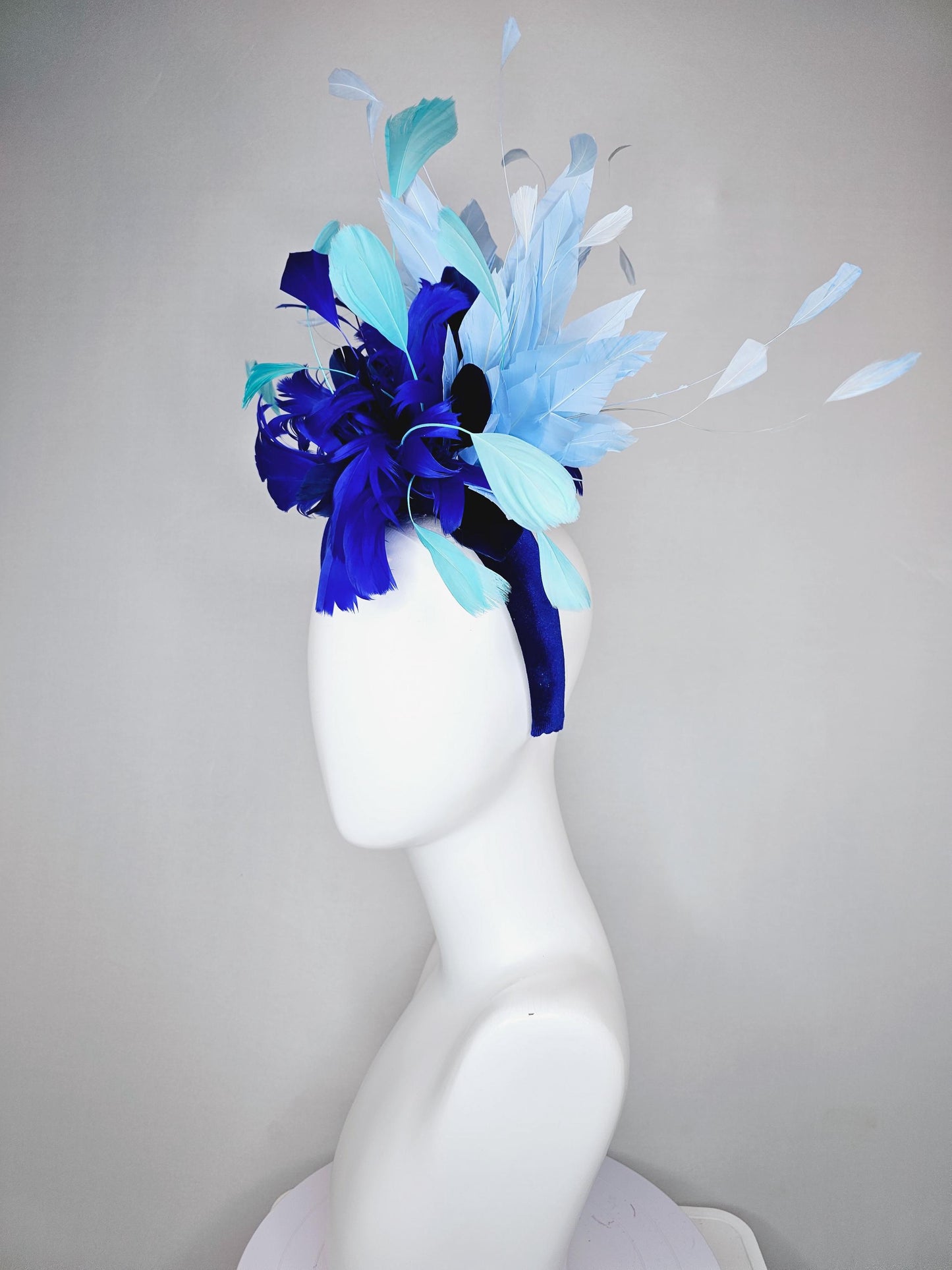 kentucky derby hat fascinator royal blue velvet headband, fluffy royal blue, navy blue, turquoise blue, light blue branching feathers