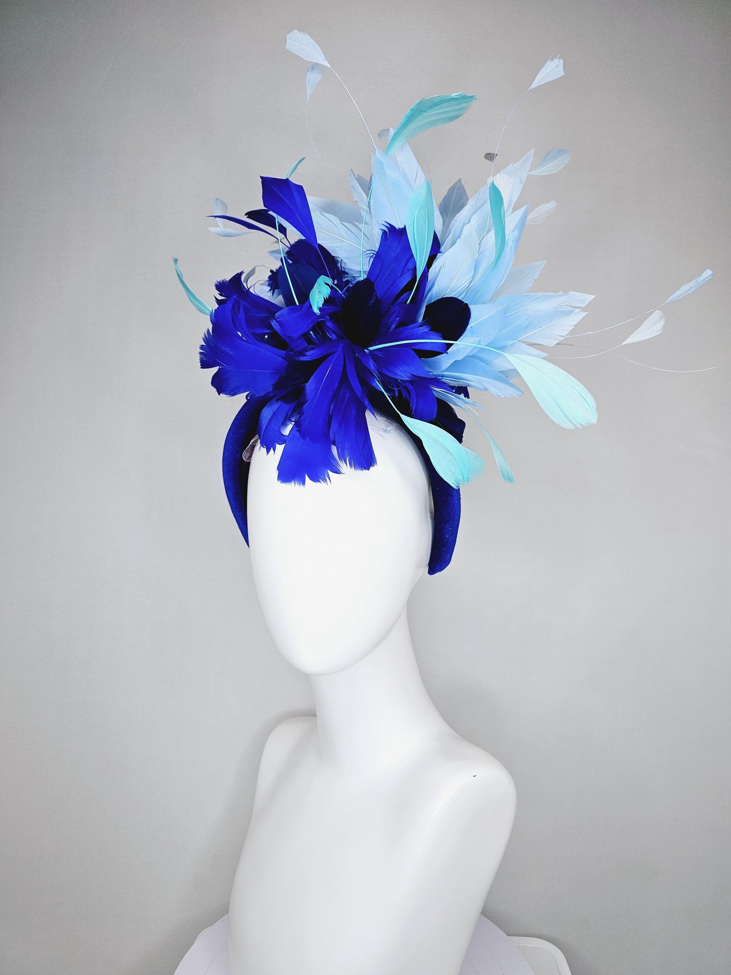 kentucky derby hat fascinator royal blue velvet headband, fluffy royal blue, navy blue, turquoise blue, light blue branching feathers