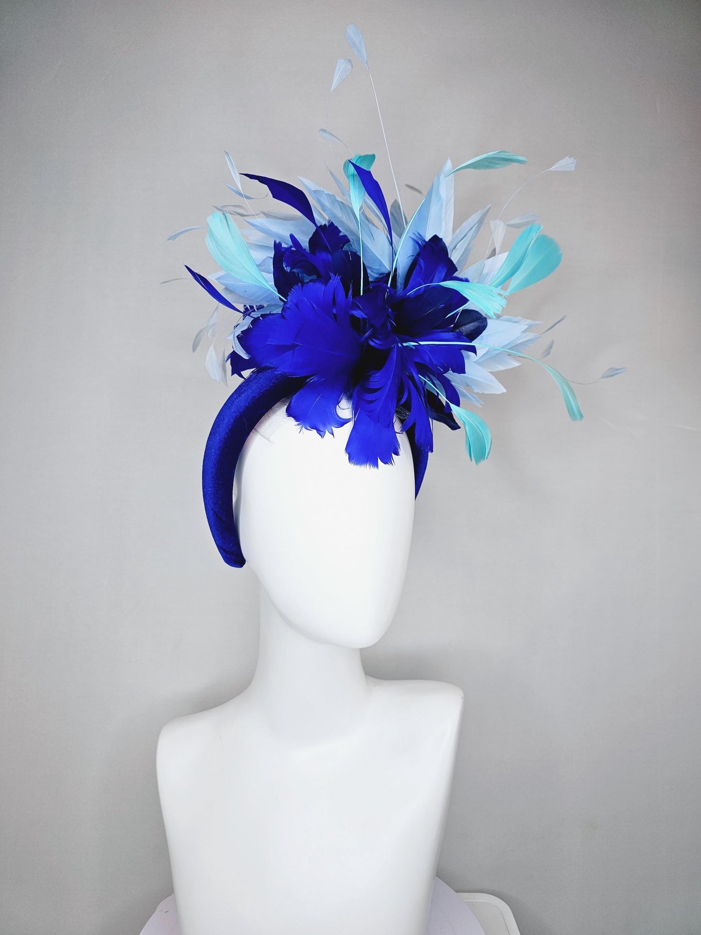 kentucky derby hat fascinator royal blue velvet headband, fluffy royal blue, navy blue, turquoise blue, light blue branching feathers