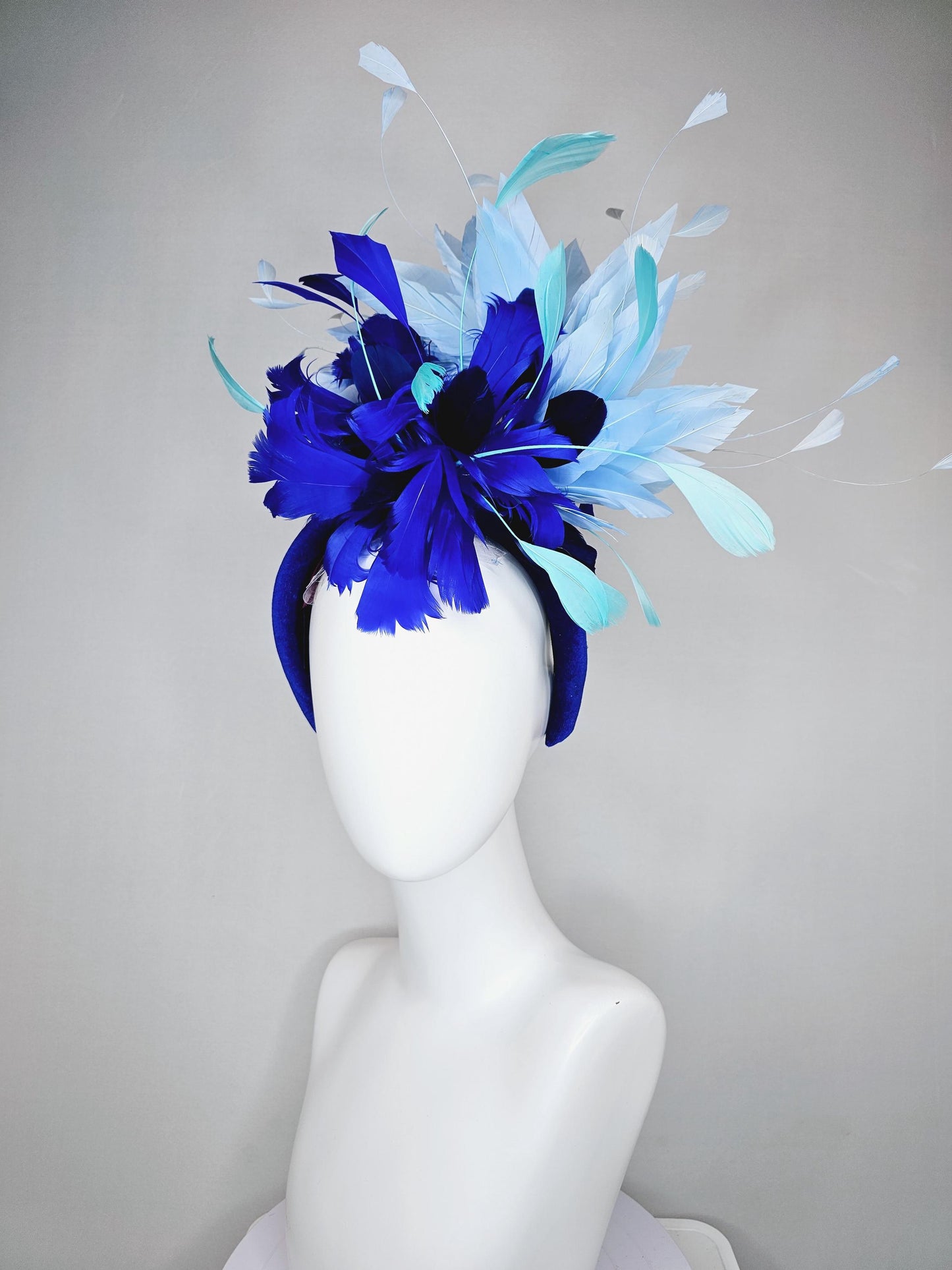 kentucky derby hat fascinator royal blue velvet headband, fluffy royal blue, navy blue, turquoise blue, light blue branching feathers