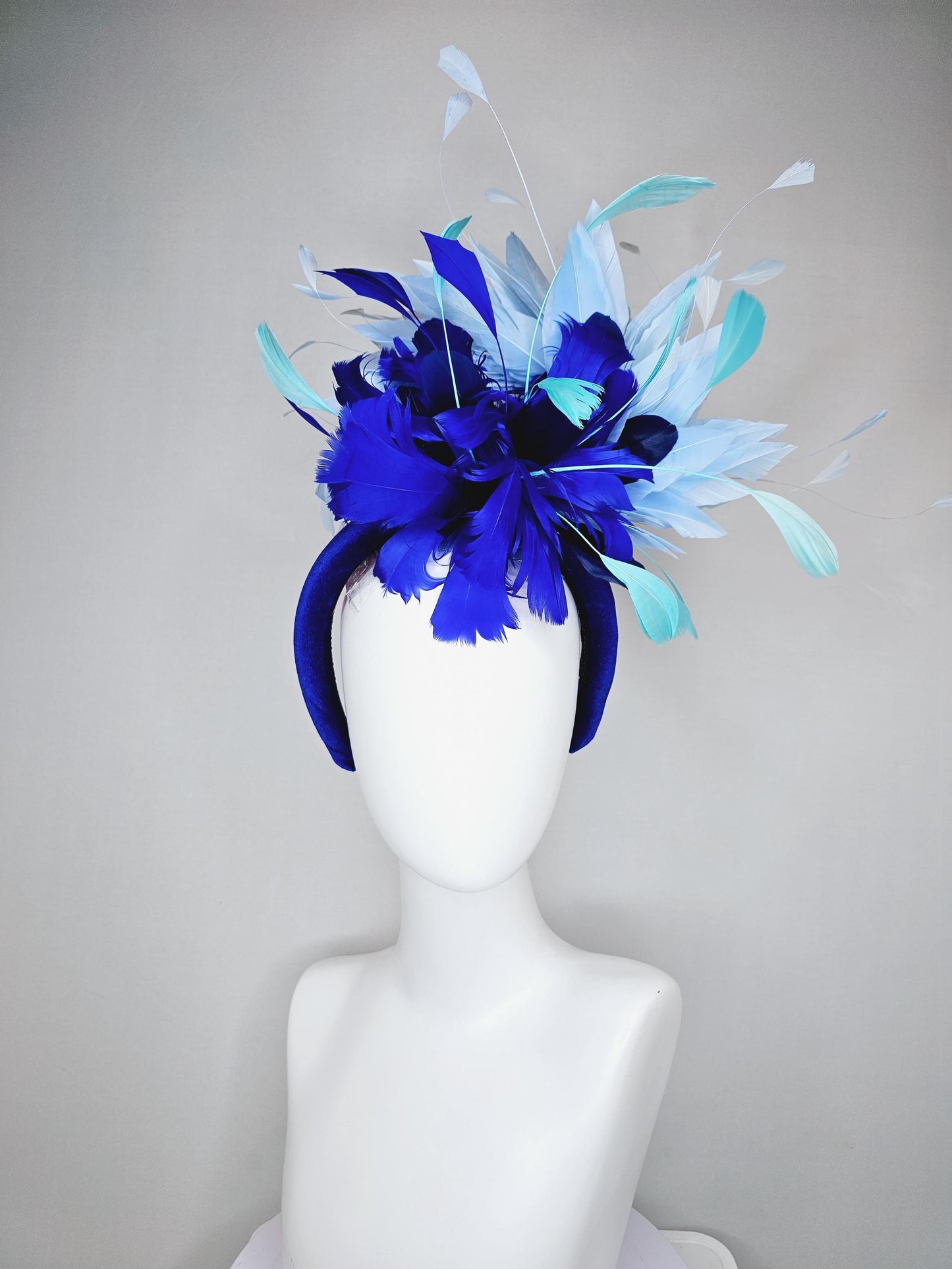 kentucky derby hat fascinator royal blue velvet headband, fluffy royal blue, navy blue, turquoise blue, light blue branching feathers