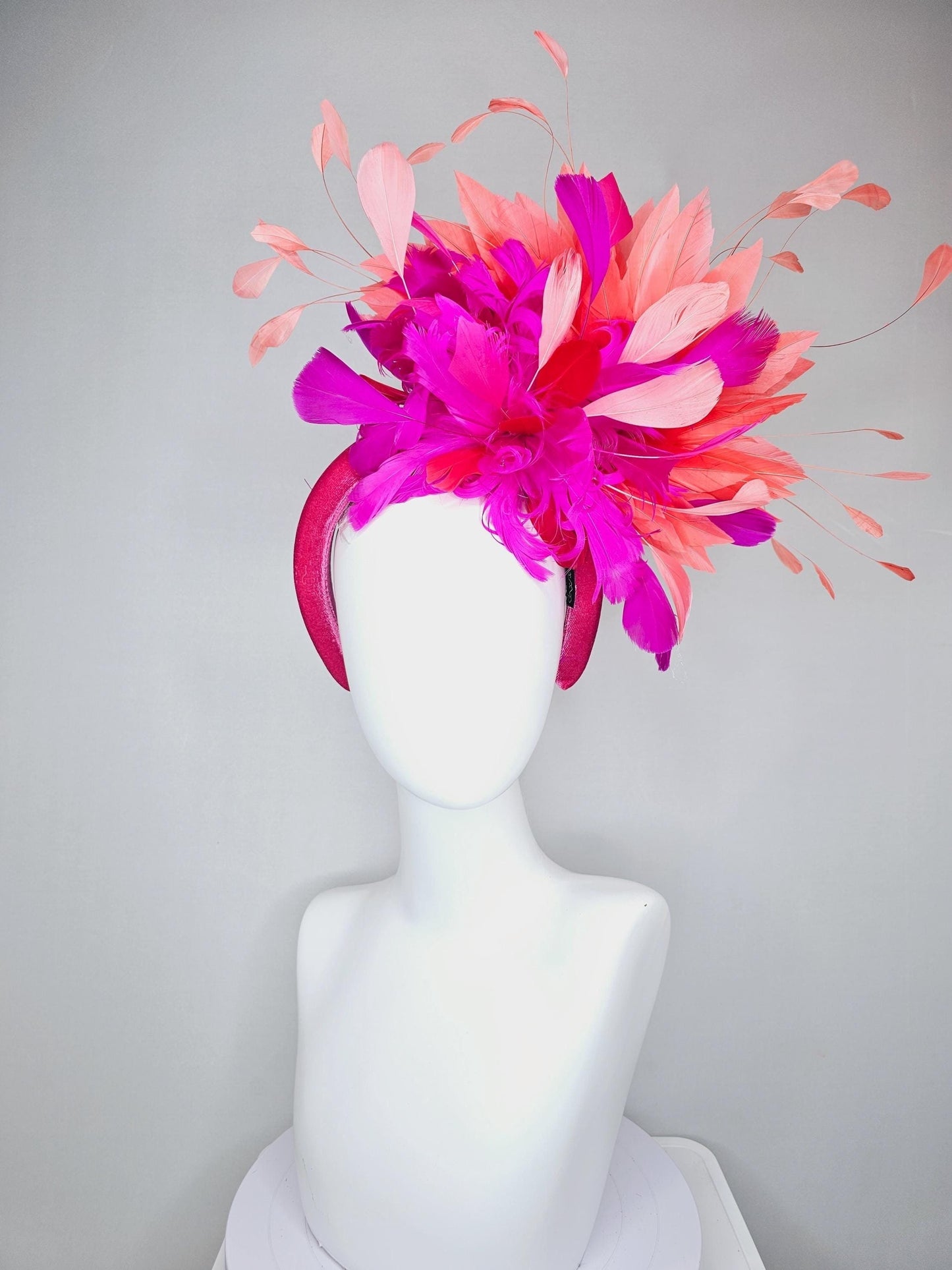 kentucky derby hat fascinator pink velvet headband, fluffy red, bright pink fuchsia, coral orange peach branching feathers