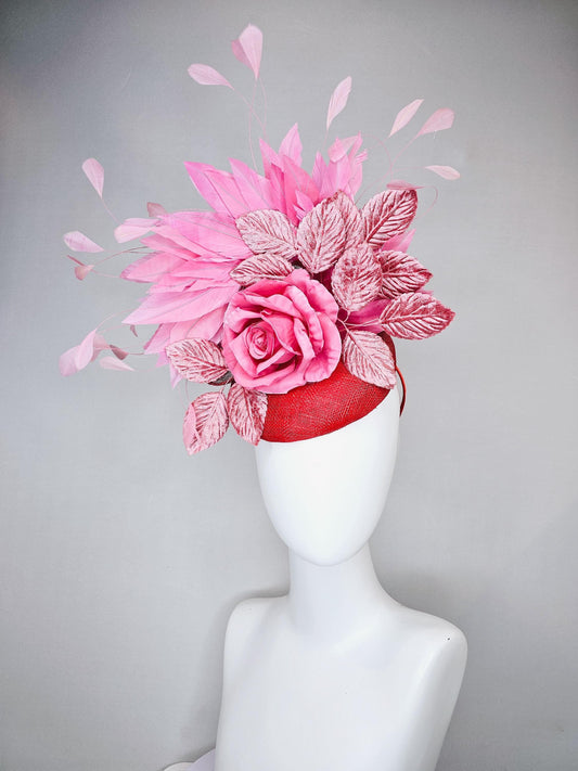 kentucky derby hat fascinator red sinamay with baby pink satin silk rose flower and light pink leaves, baby pink branching feathers