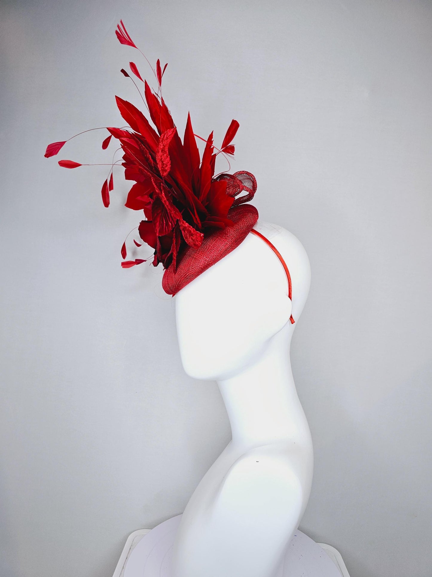 kentucky derby hat fascinator red sinamay with red satin silk rose flower and red leaves, red branching feathers