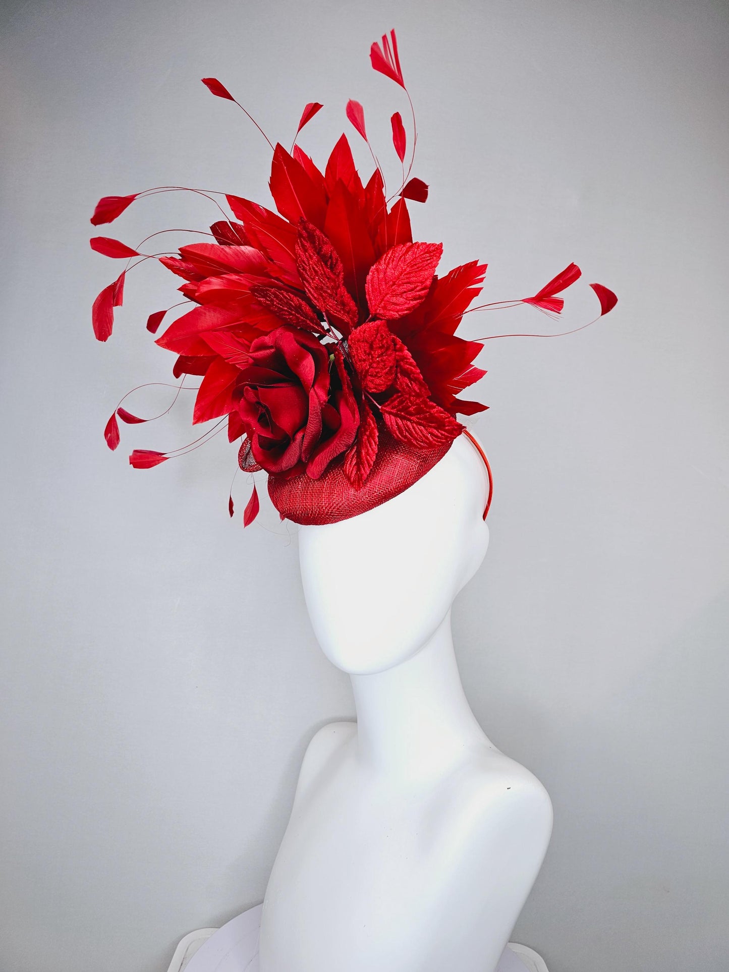 kentucky derby hat fascinator red sinamay with red satin silk rose flower and red leaves, red branching feathers