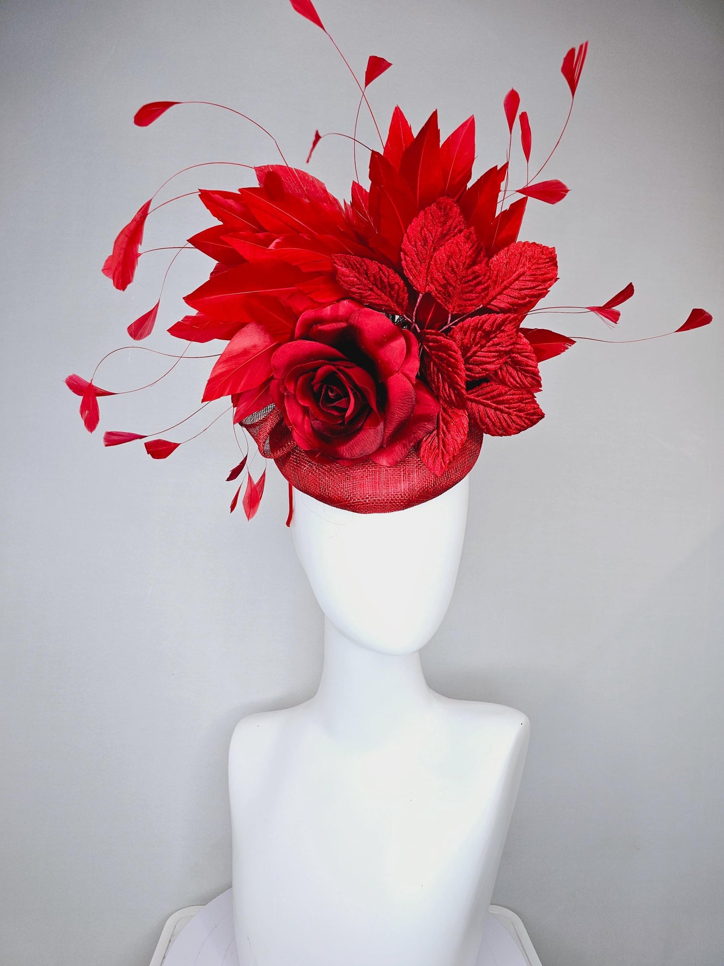 kentucky derby hat fascinator red sinamay with red satin silk rose flower and red leaves, red branching feathers