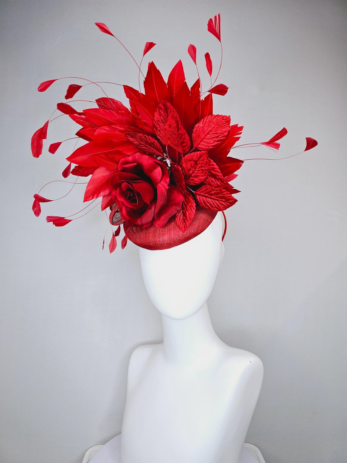 kentucky derby hat fascinator red sinamay with red satin silk rose flower and red leaves, red branching feathers