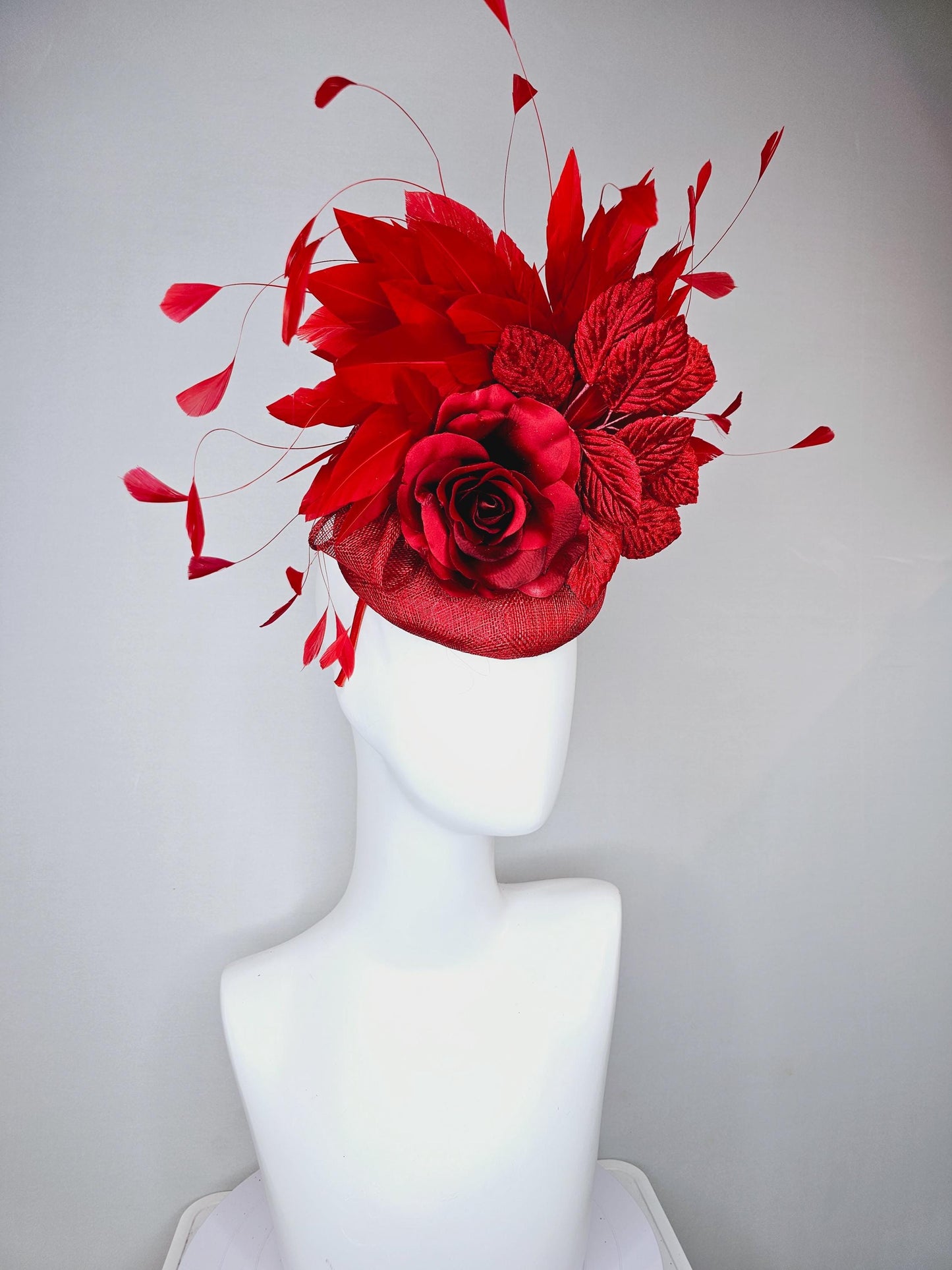 kentucky derby hat fascinator red sinamay with red satin silk rose flower and red leaves, red branching feathers