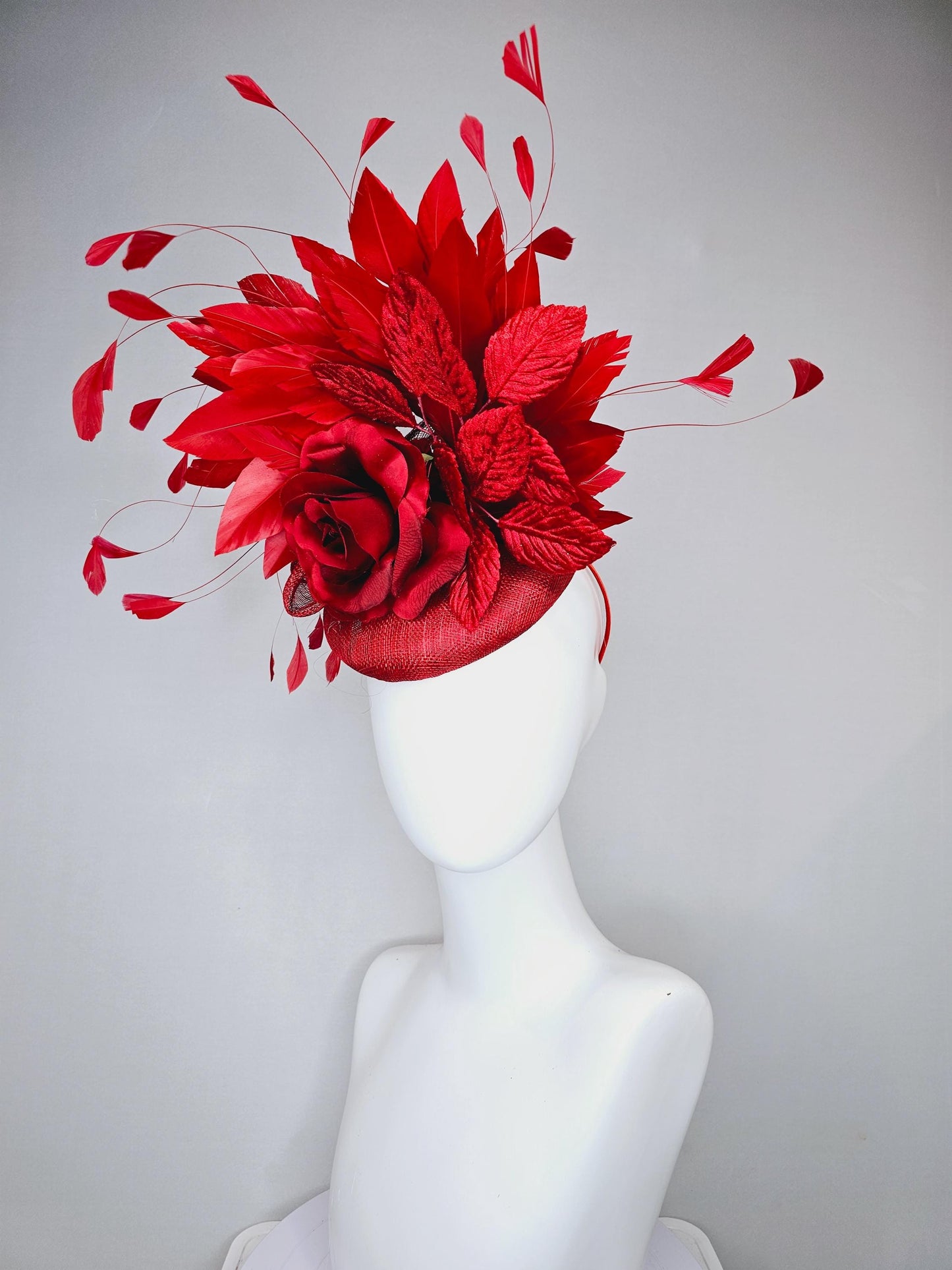 kentucky derby hat fascinator red sinamay with red satin silk rose flower and red leaves, red branching feathers