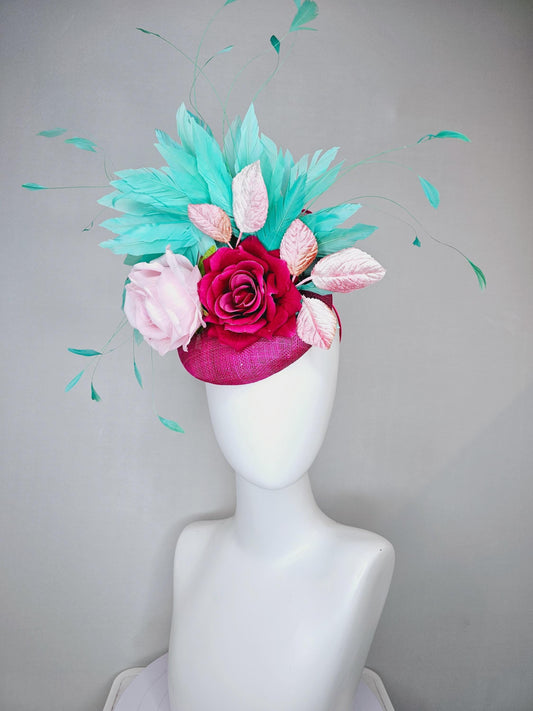 kentucky derby hat fascinator pink sinamay with light pink fuchsia satin silk rose flowers and baby pink leaves,aqua blue branching feathers