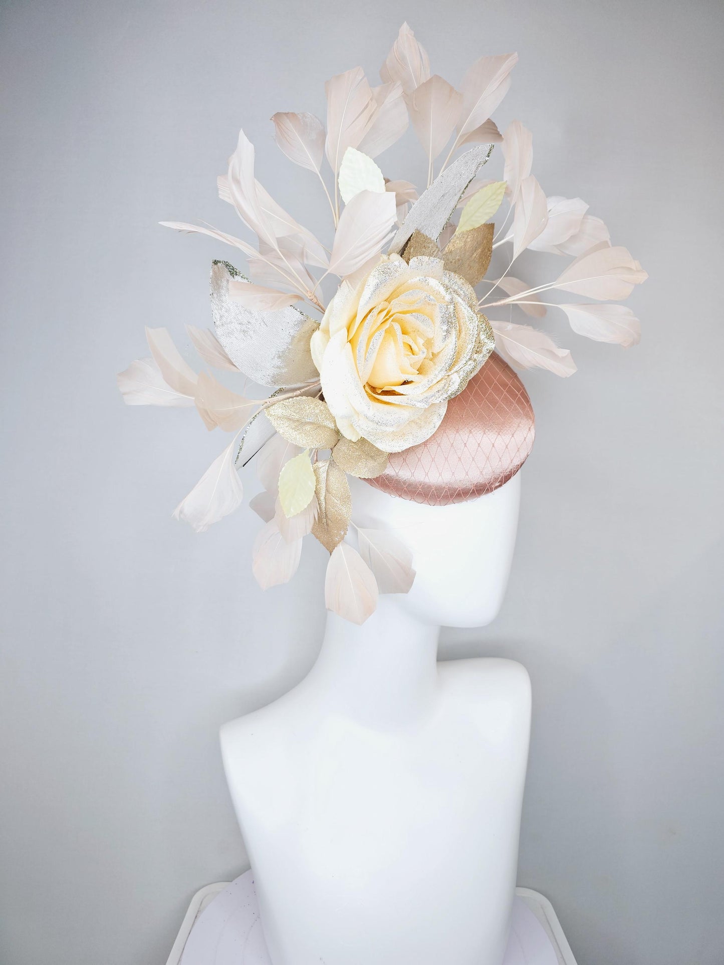 kentucky derby hat fascinator champagne satin with netting,ivory beige satin rose flower with gold leaves,light tan branching feathers