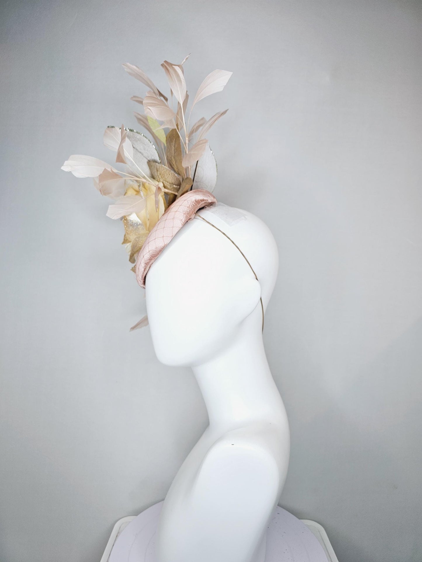 kentucky derby hat fascinator champagne satin with netting,ivory beige satin rose flower with gold leaves,light tan branching feathers