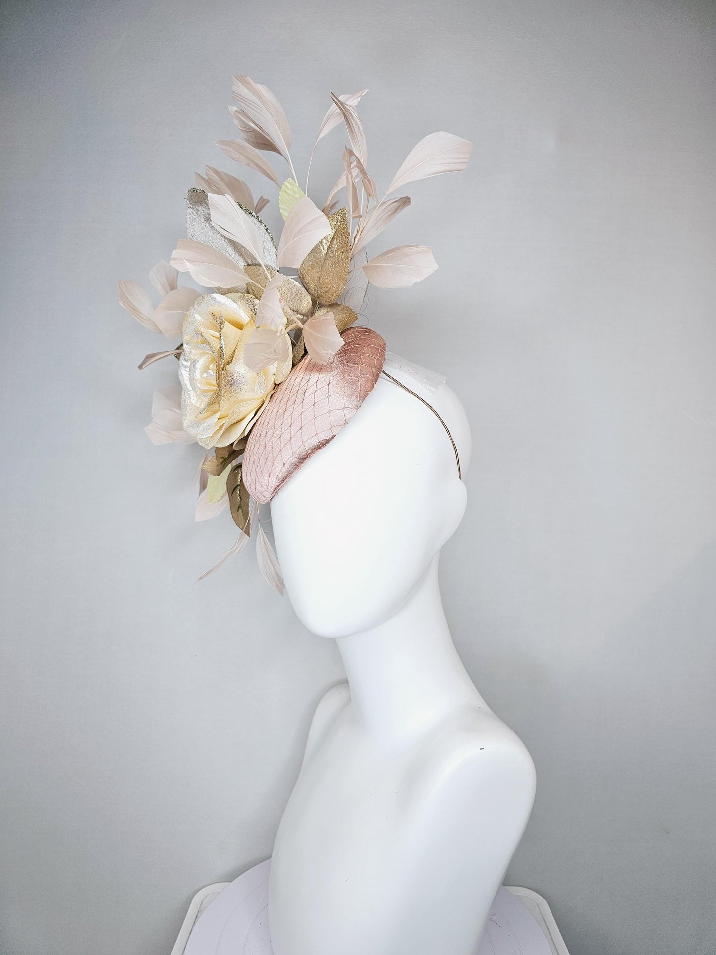 kentucky derby hat fascinator champagne satin with netting,ivory beige satin rose flower with gold leaves,light tan branching feathers