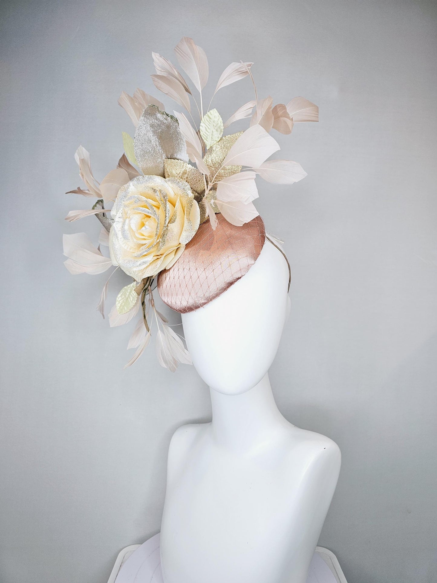 kentucky derby hat fascinator champagne satin with netting,ivory beige satin rose flower with gold leaves,light tan branching feathers