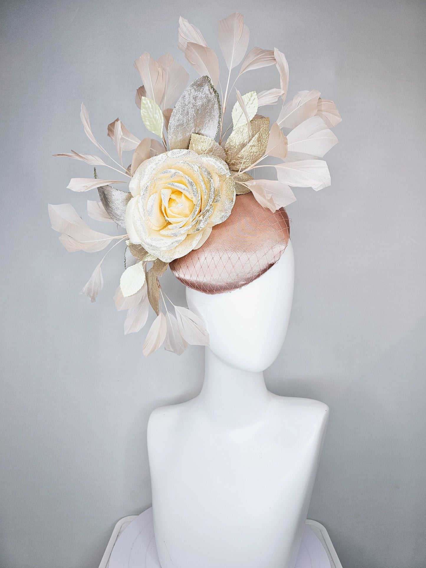 kentucky derby hat fascinator champagne satin with netting,ivory beige satin rose flower with gold leaves,light tan branching feathers