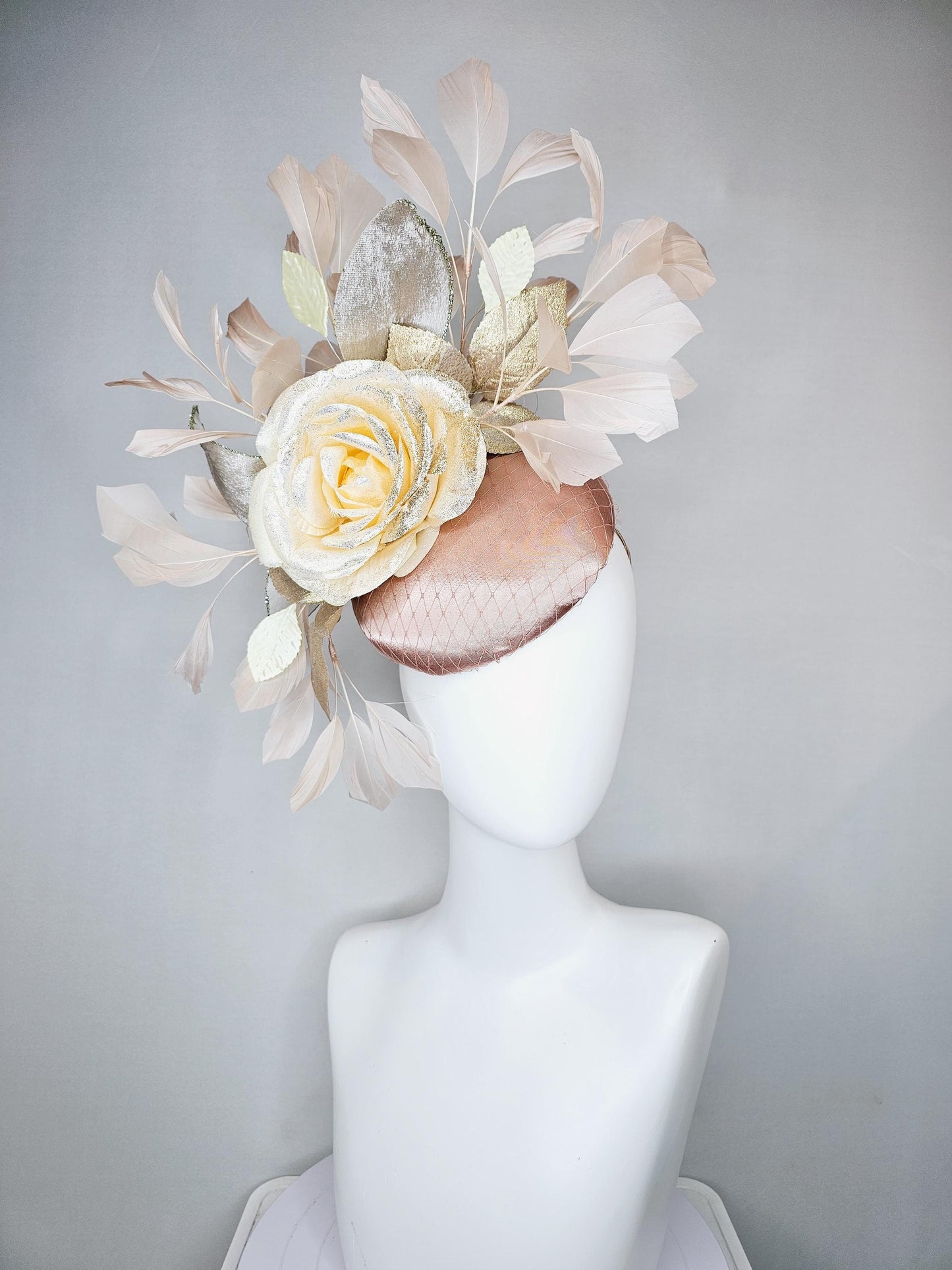 kentucky derby hat fascinator champagne satin with netting,ivory beige satin rose flower with gold leaves,light tan branching feathers