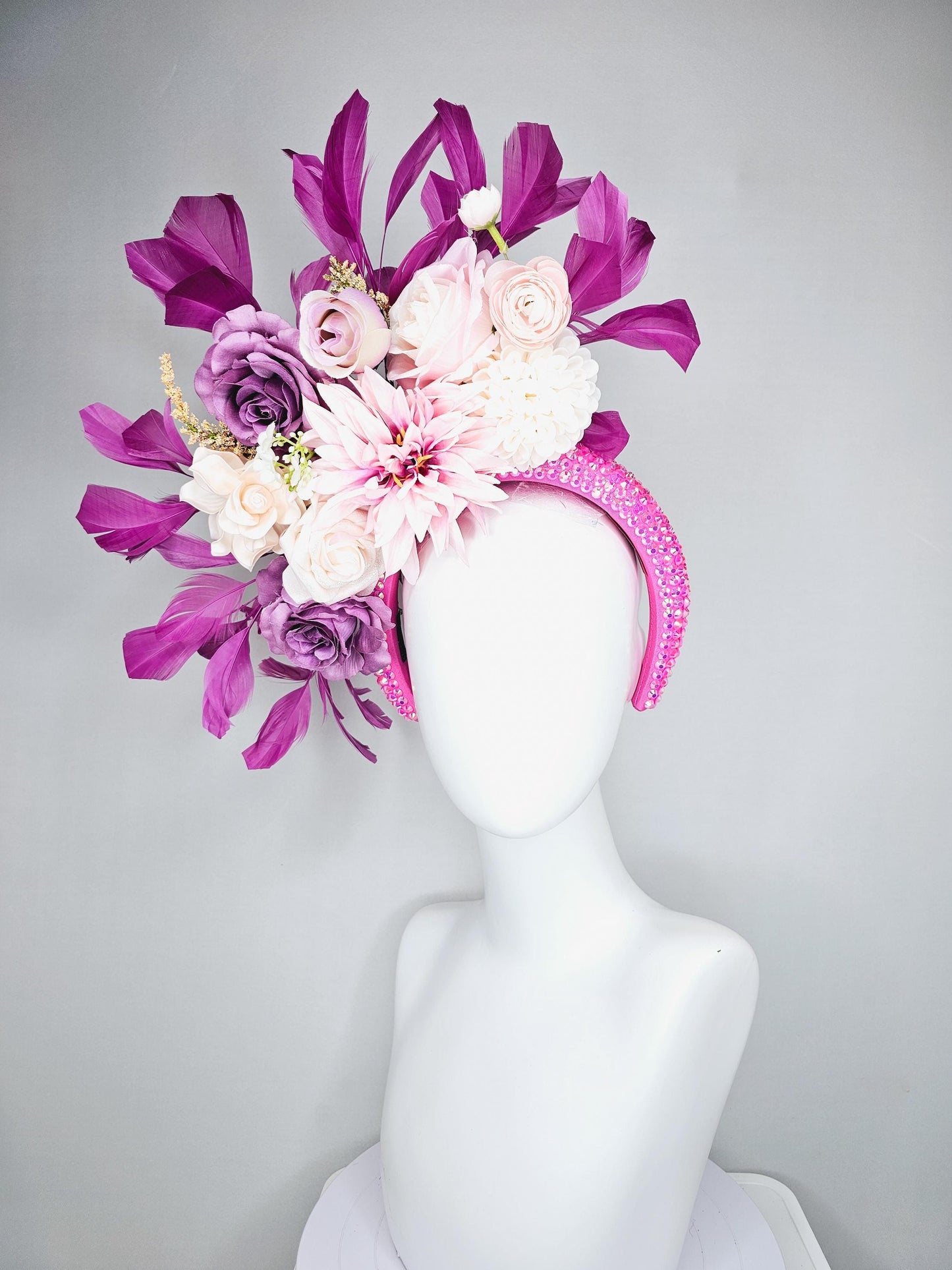 kentucky derby hat fascinator iridescent pink crystal headband,ivory white light pink lavender purple satin flowers, magenta purple feathers