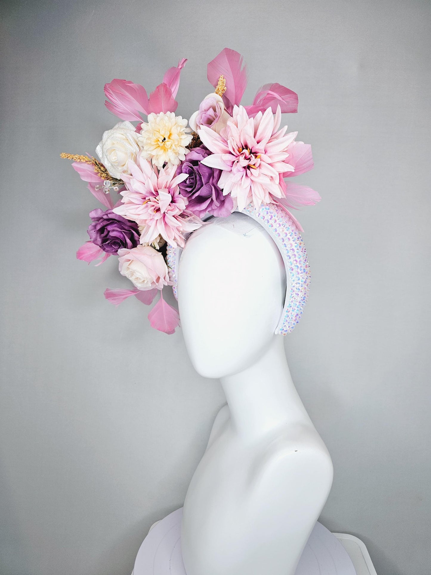 kentucky derby hat fascinator iridescent white crystal headband, white cream light pink lavender purple satin flowers, blush pink feathers