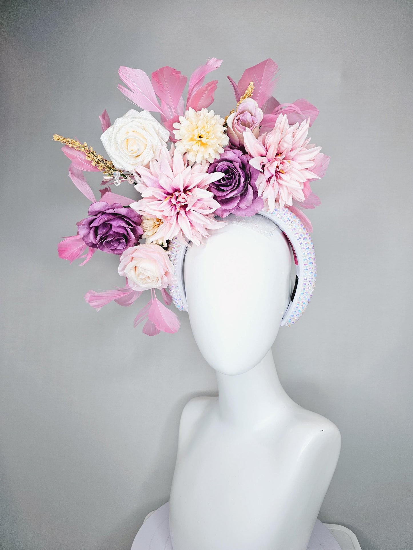 kentucky derby hat fascinator iridescent white crystal headband, white cream light pink lavender purple satin flowers, blush pink feathers