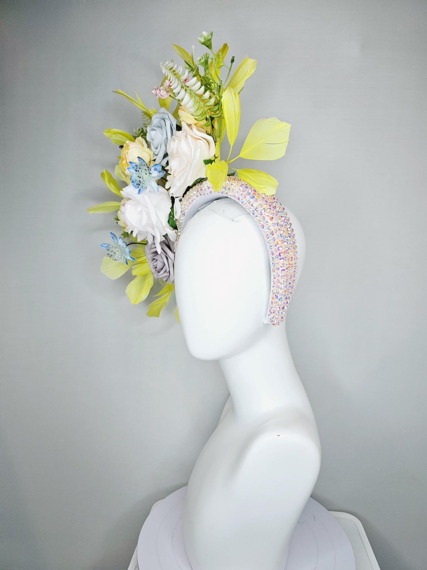 kentucky derby hat fascinator iridescent white crystal headband,ivory white light yellow light gray light blue satin flowers,yellow feathers