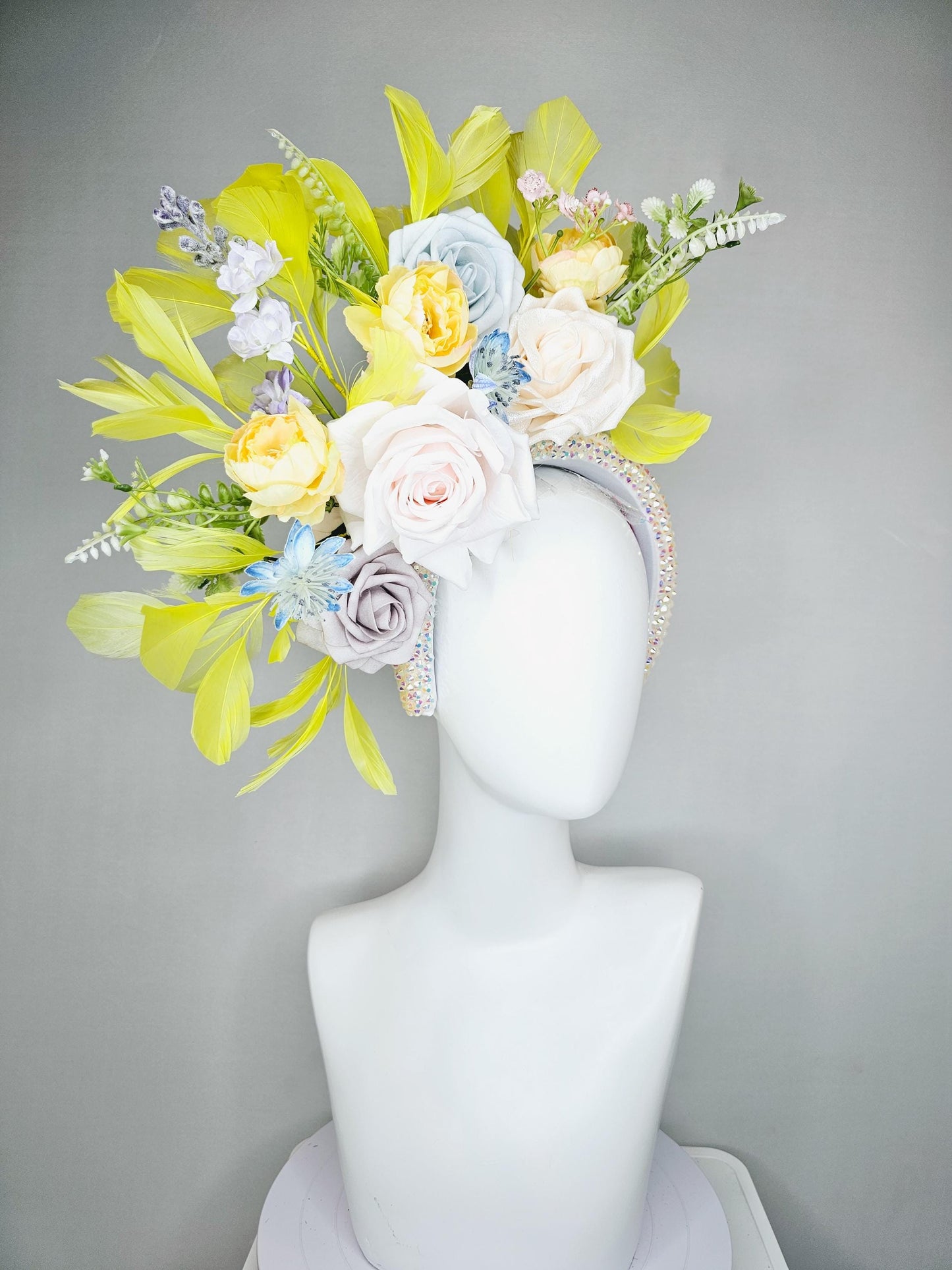 kentucky derby hat fascinator iridescent white crystal headband,ivory white light yellow light gray light blue satin flowers,yellow feathers