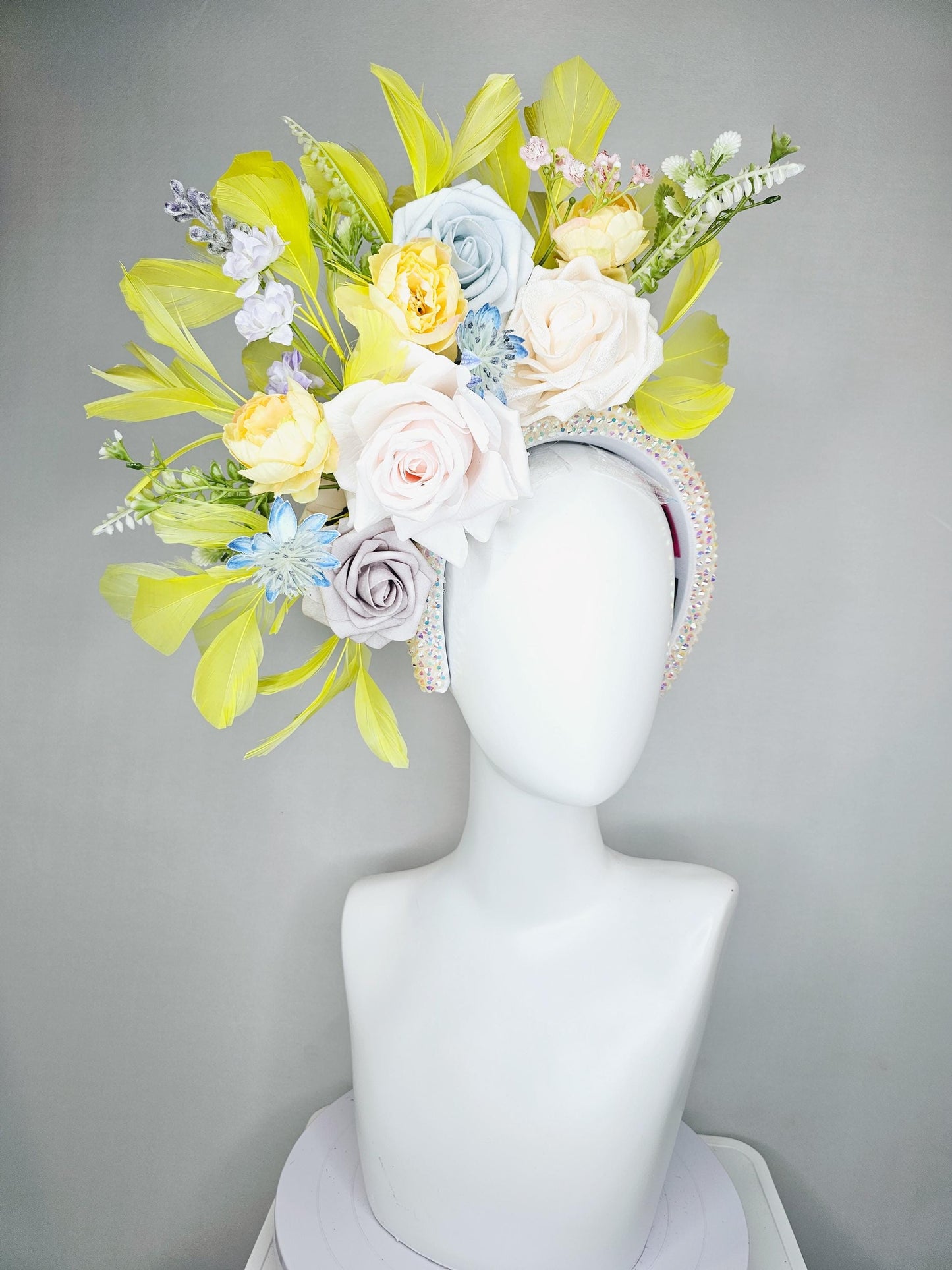 kentucky derby hat fascinator iridescent white crystal headband,ivory white light yellow light gray light blue satin flowers,yellow feathers