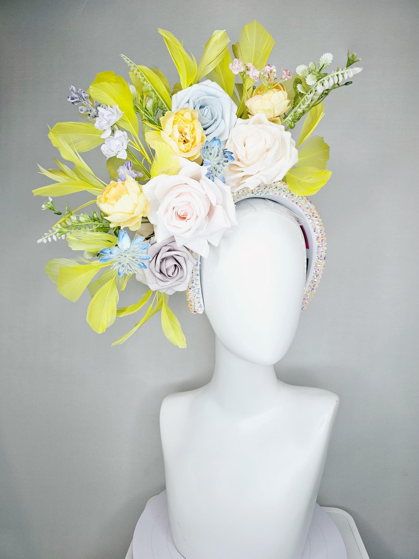 kentucky derby hat fascinator iridescent white crystal headband,ivory white light yellow light gray light blue satin flowers,yellow feathers