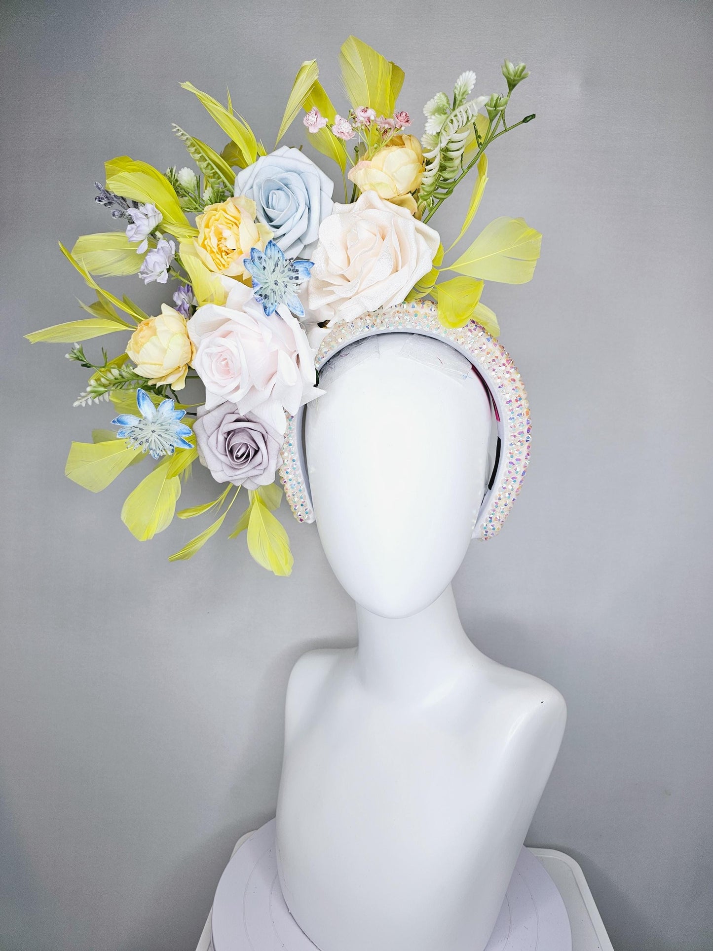 kentucky derby hat fascinator iridescent white crystal headband,ivory white light yellow light gray light blue satin flowers,yellow feathers