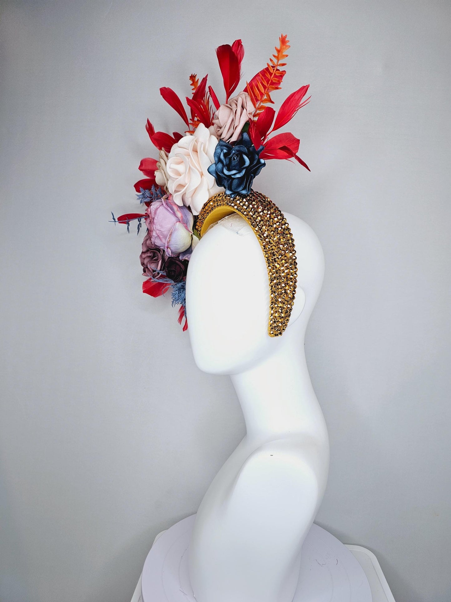 kentucky derby hat fascinator gold crystal headband,neutral cream beige ombre navy blue dusty pink purple flowers,orange leaves,red feathers