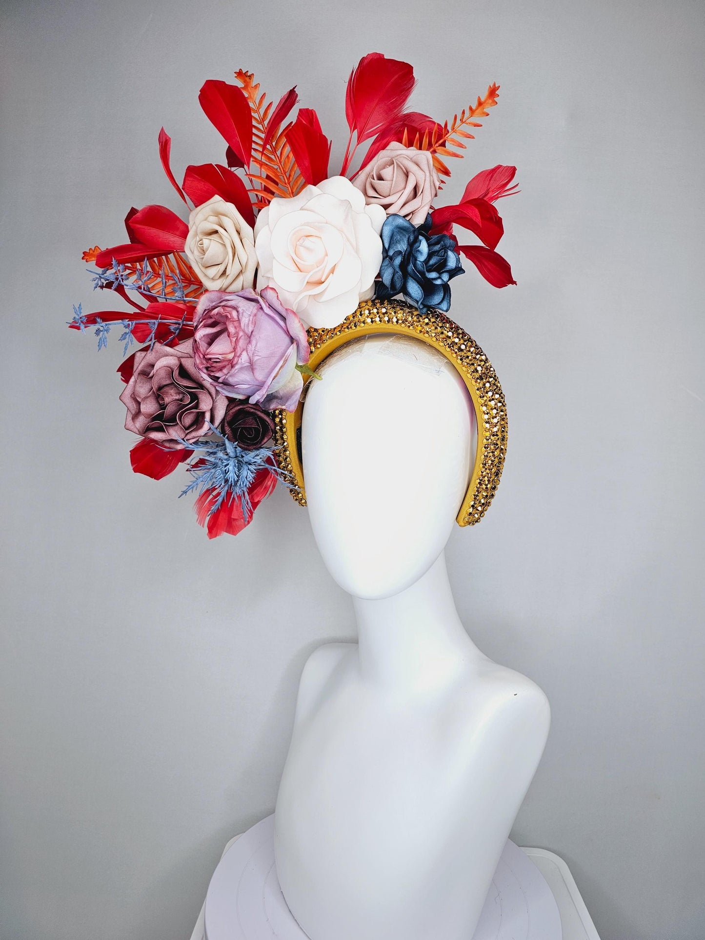 kentucky derby hat fascinator gold crystal headband,neutral cream beige ombre navy blue dusty pink purple flowers,orange leaves,red feathers