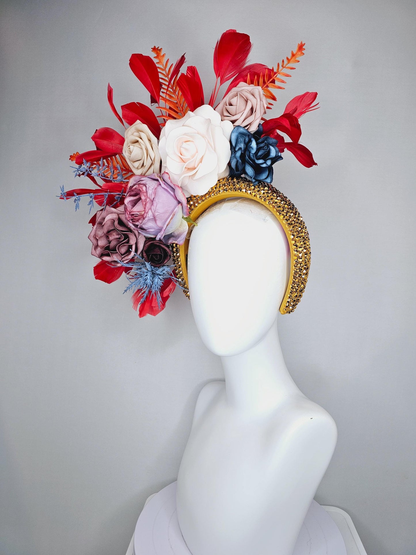 kentucky derby hat fascinator gold crystal headband,neutral cream beige ombre navy blue dusty pink purple flowers,orange leaves,red feathers