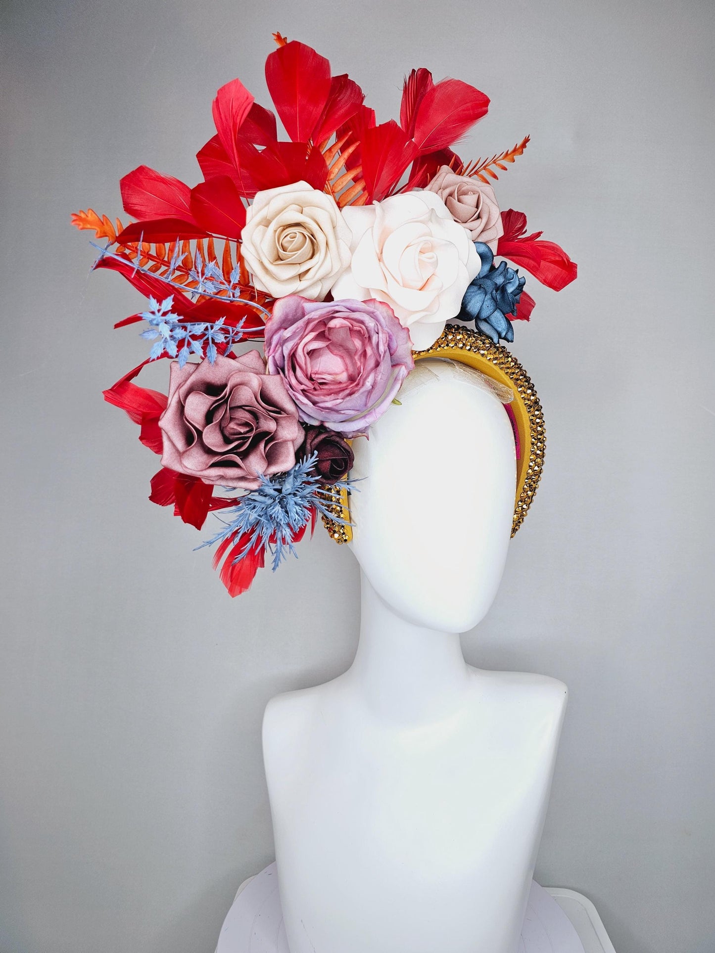 kentucky derby hat fascinator gold crystal headband,neutral cream beige ombre navy blue dusty pink purple flowers,orange leaves,red feathers