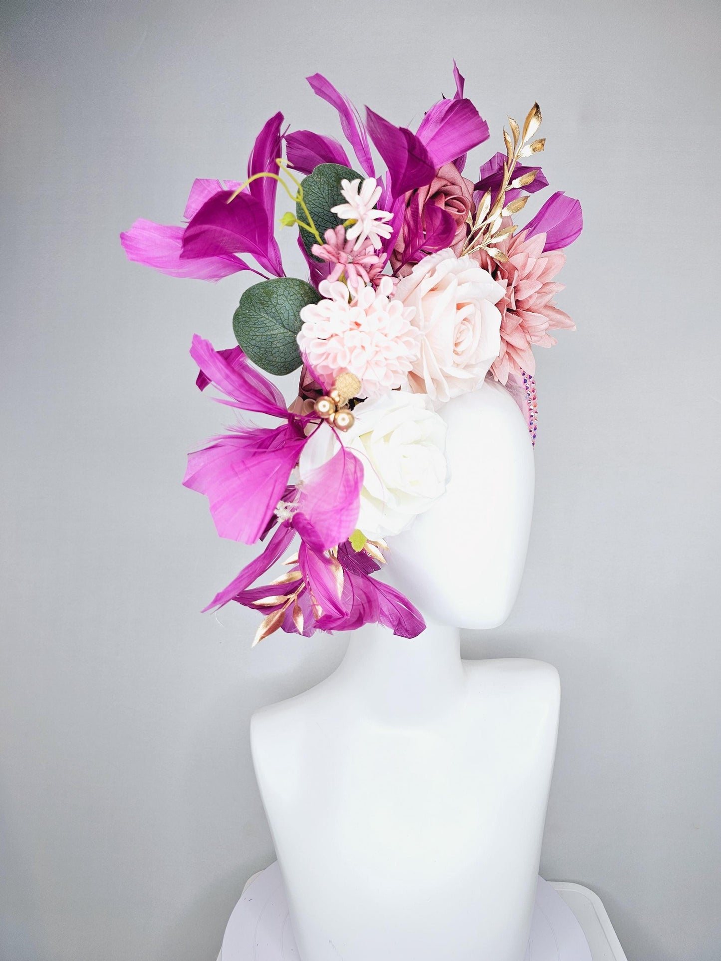 kentucky derby hat fascinator iridescent light pink crystal headband,white light pink dusty pink flowers,gold leaves,magenta purple feathers