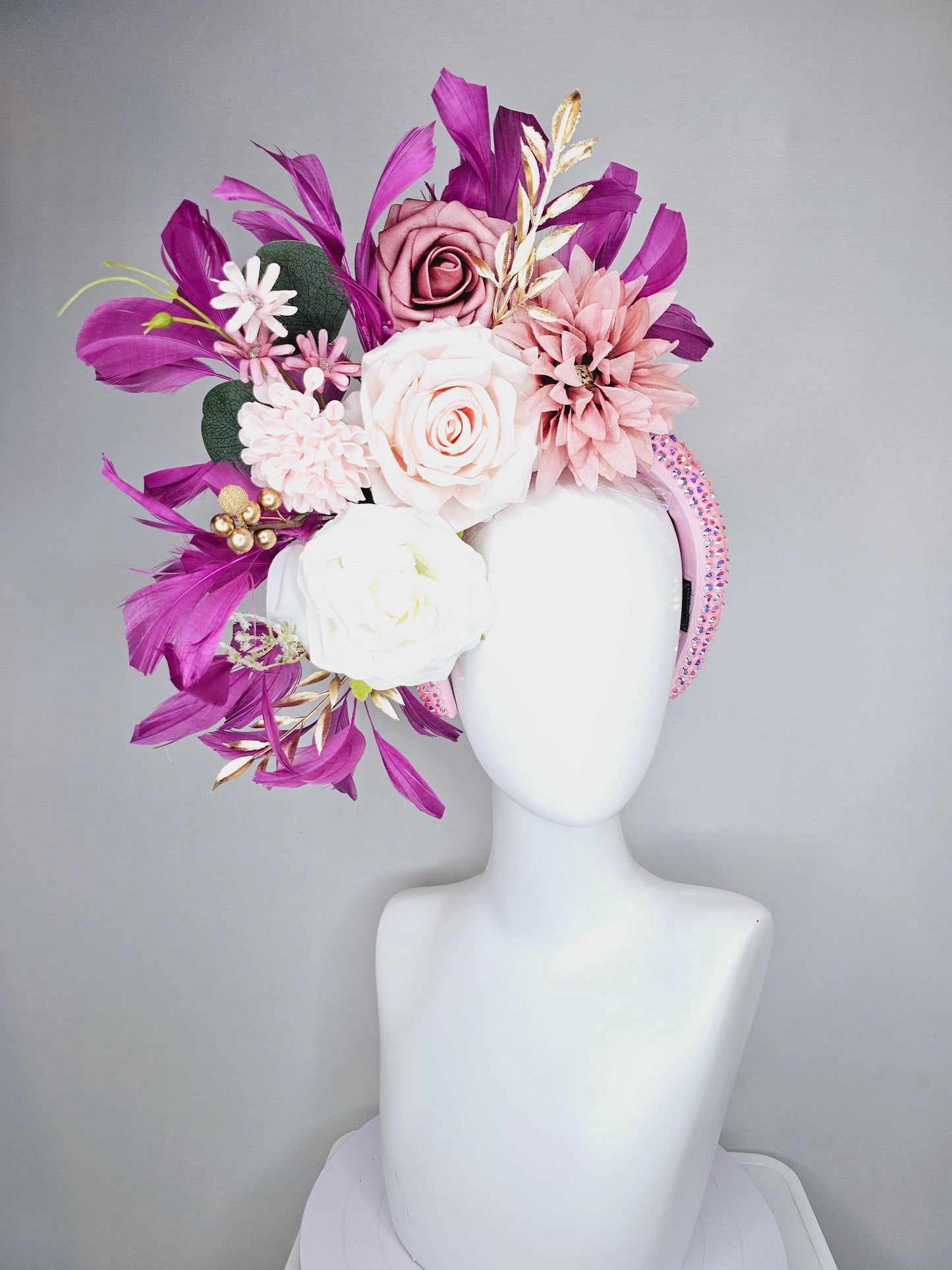 kentucky derby hat fascinator iridescent light pink crystal headband,white light pink dusty pink flowers,gold leaves,magenta purple feathers