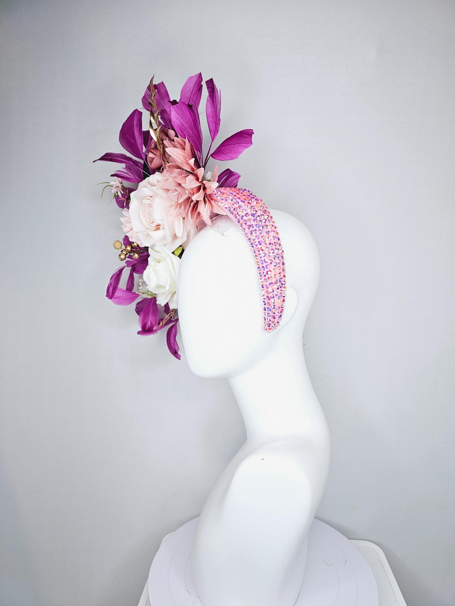 kentucky derby hat fascinator iridescent light pink crystal headband,white light pink dusty pink flowers,gold leaves,magenta purple feathers