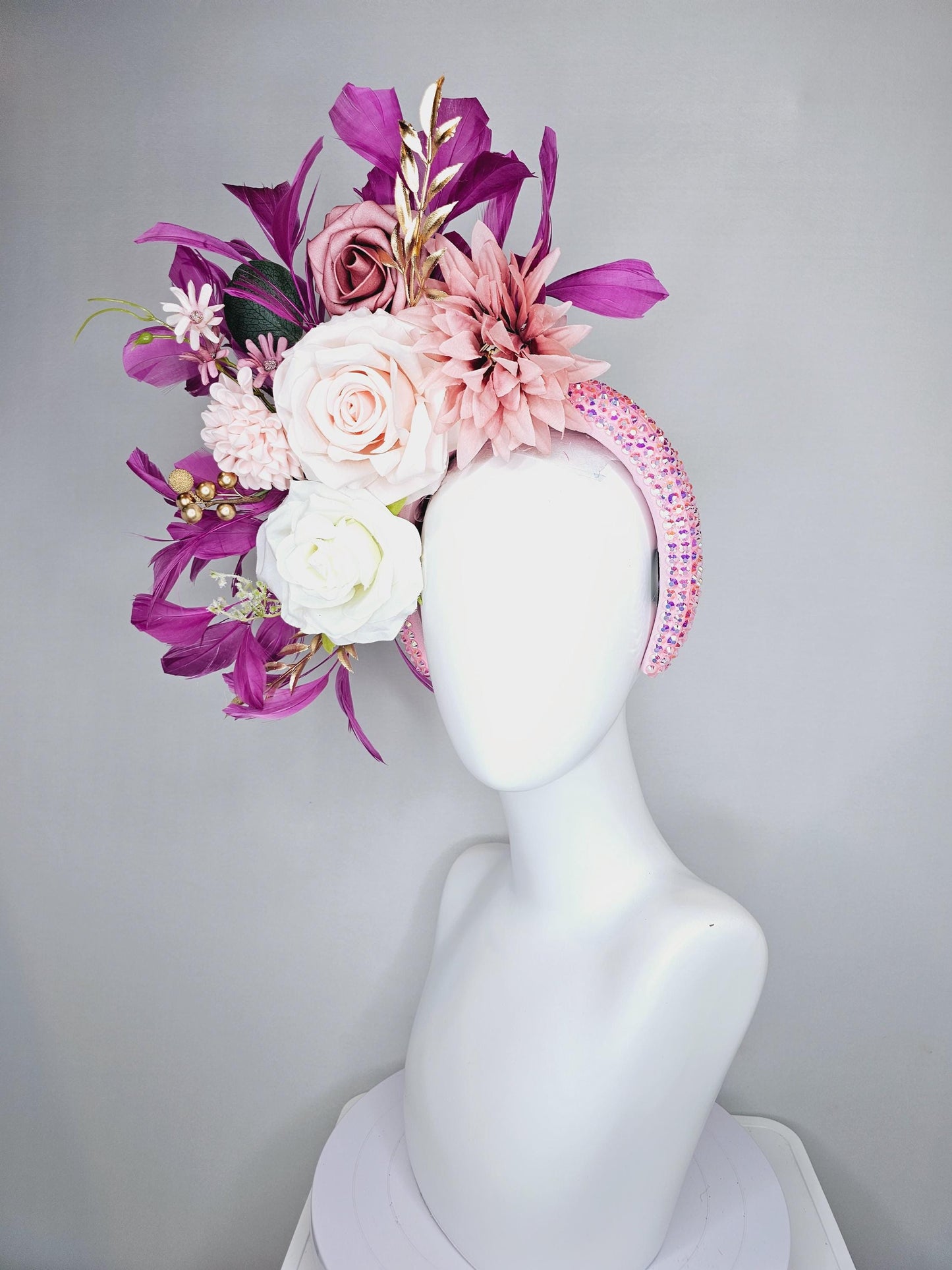 kentucky derby hat fascinator iridescent light pink crystal headband,white light pink dusty pink flowers,gold leaves,magenta purple feathers