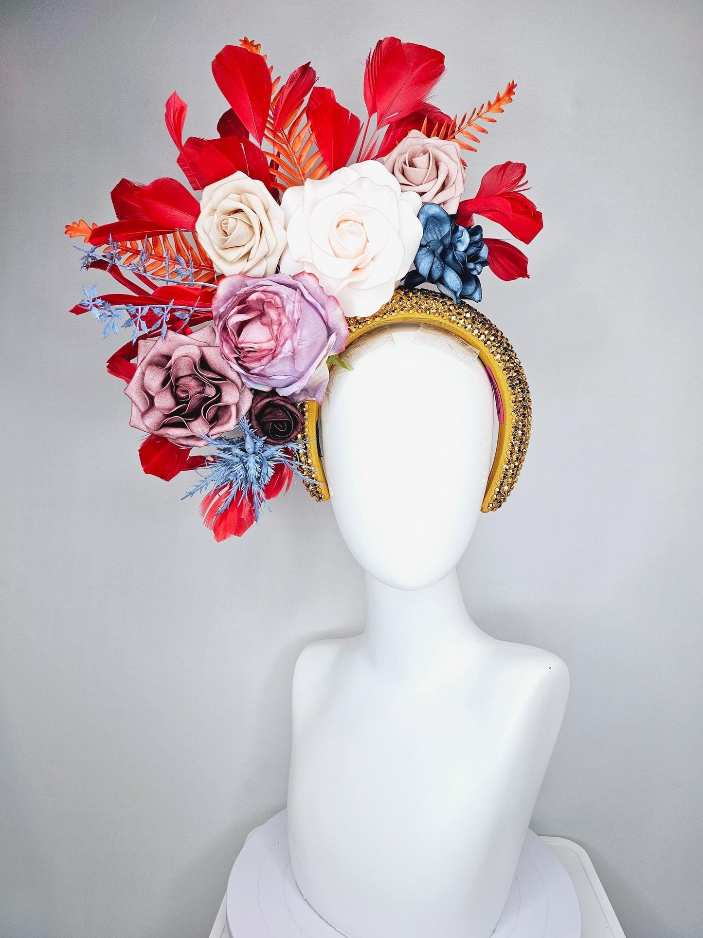 kentucky derby hat fascinator gold crystal headband,neutral cream beige ombre navy blue dusty pink purple flowers,orange leaves,red feathers