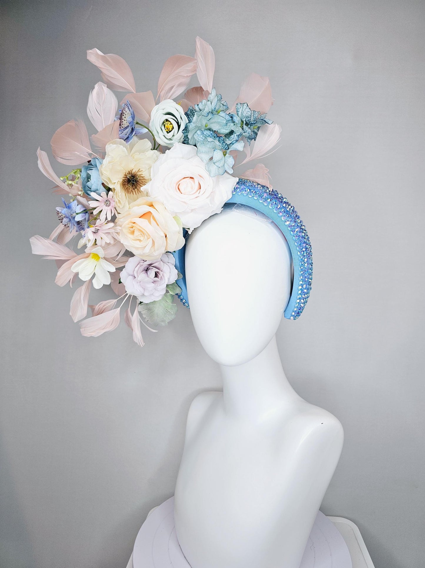 kentucky derby hat fascinator iridescent sky blue crystal headband,white neutral cream teal blue lavender purple flowers,light pink feathers