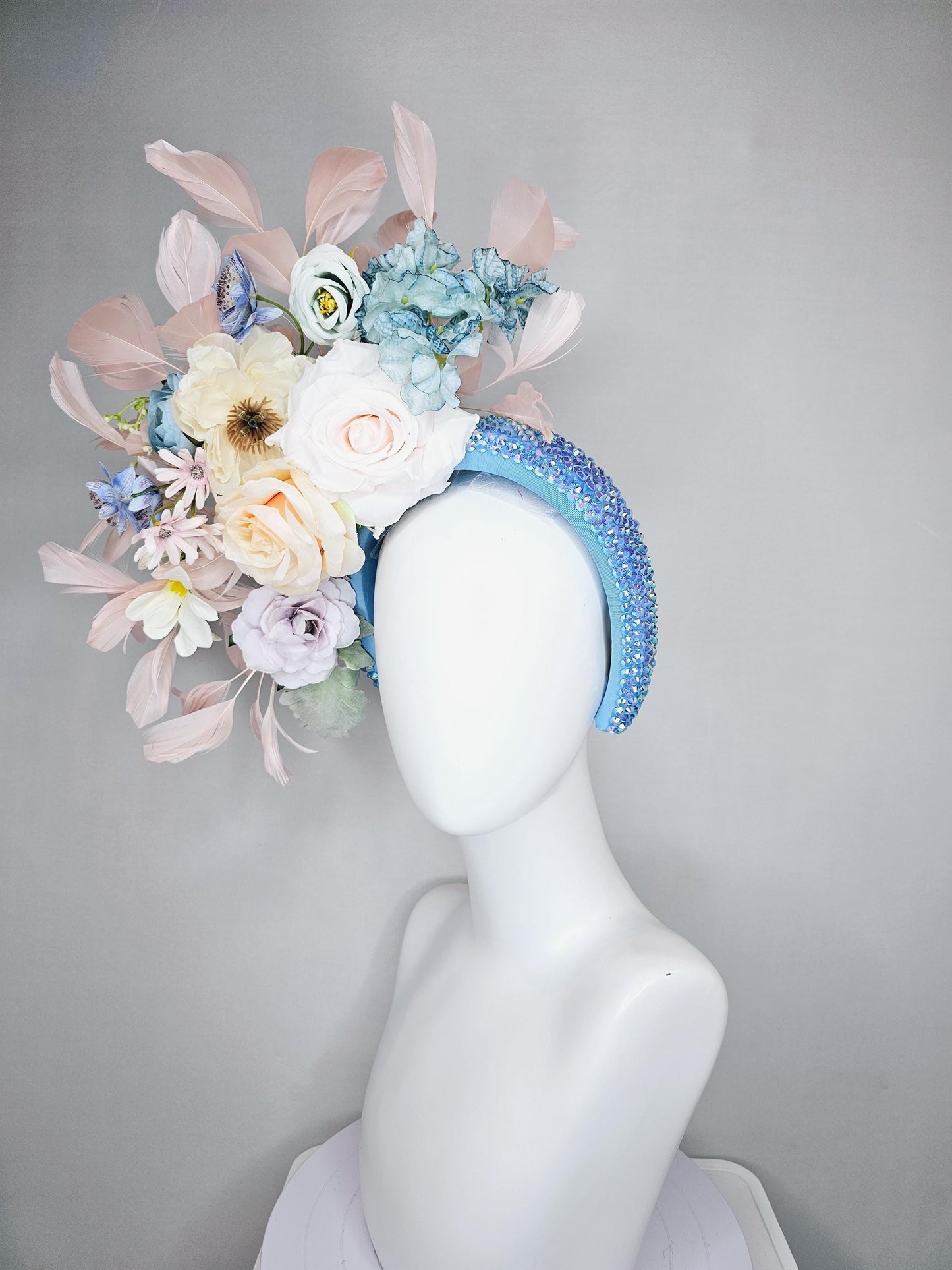 kentucky derby hat fascinator iridescent sky blue crystal headband,white neutral cream teal blue lavender purple flowers,light pink feathers