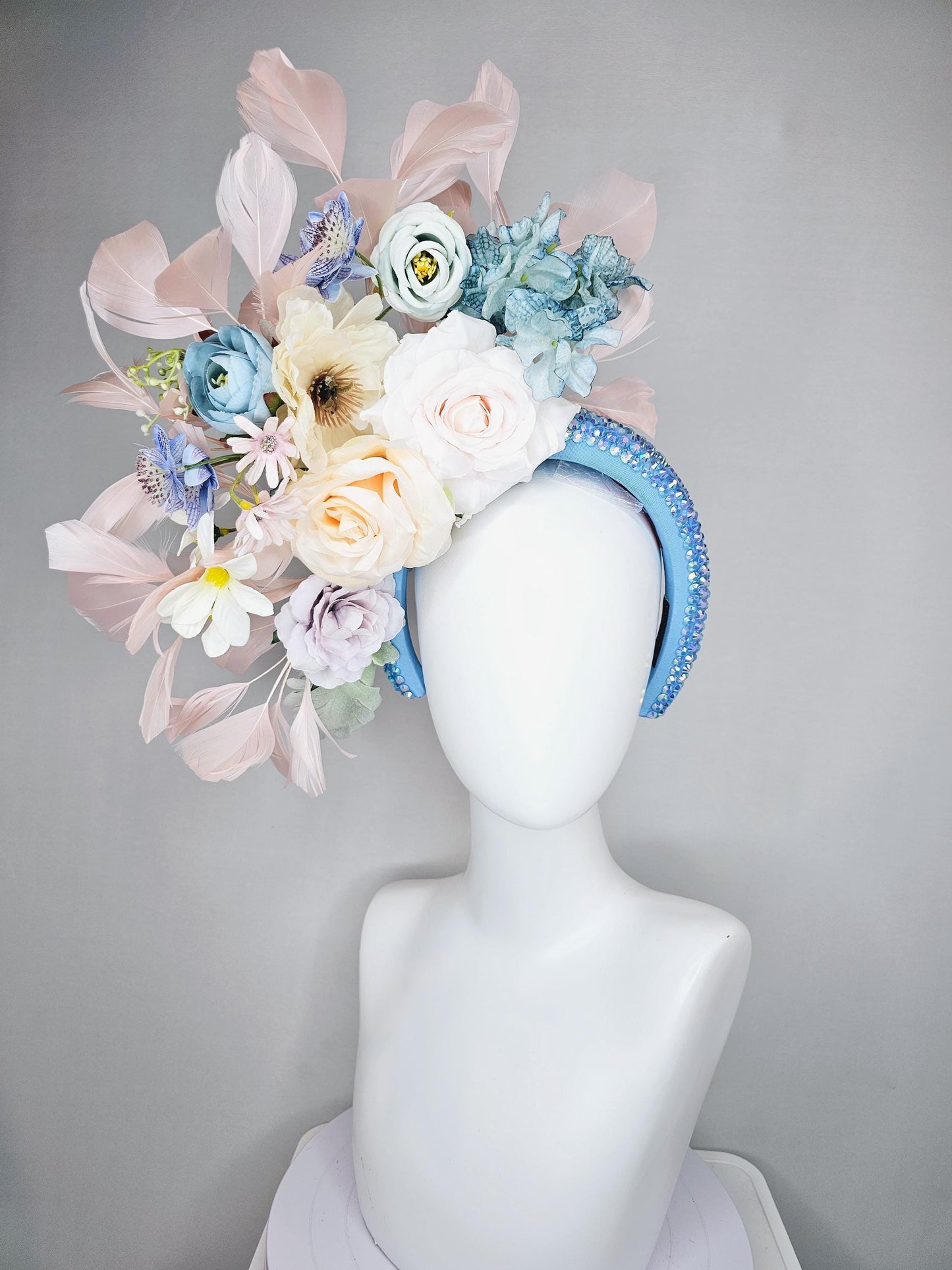 kentucky derby hat fascinator iridescent sky blue crystal headband,white neutral cream teal blue lavender purple flowers,light pink feathers