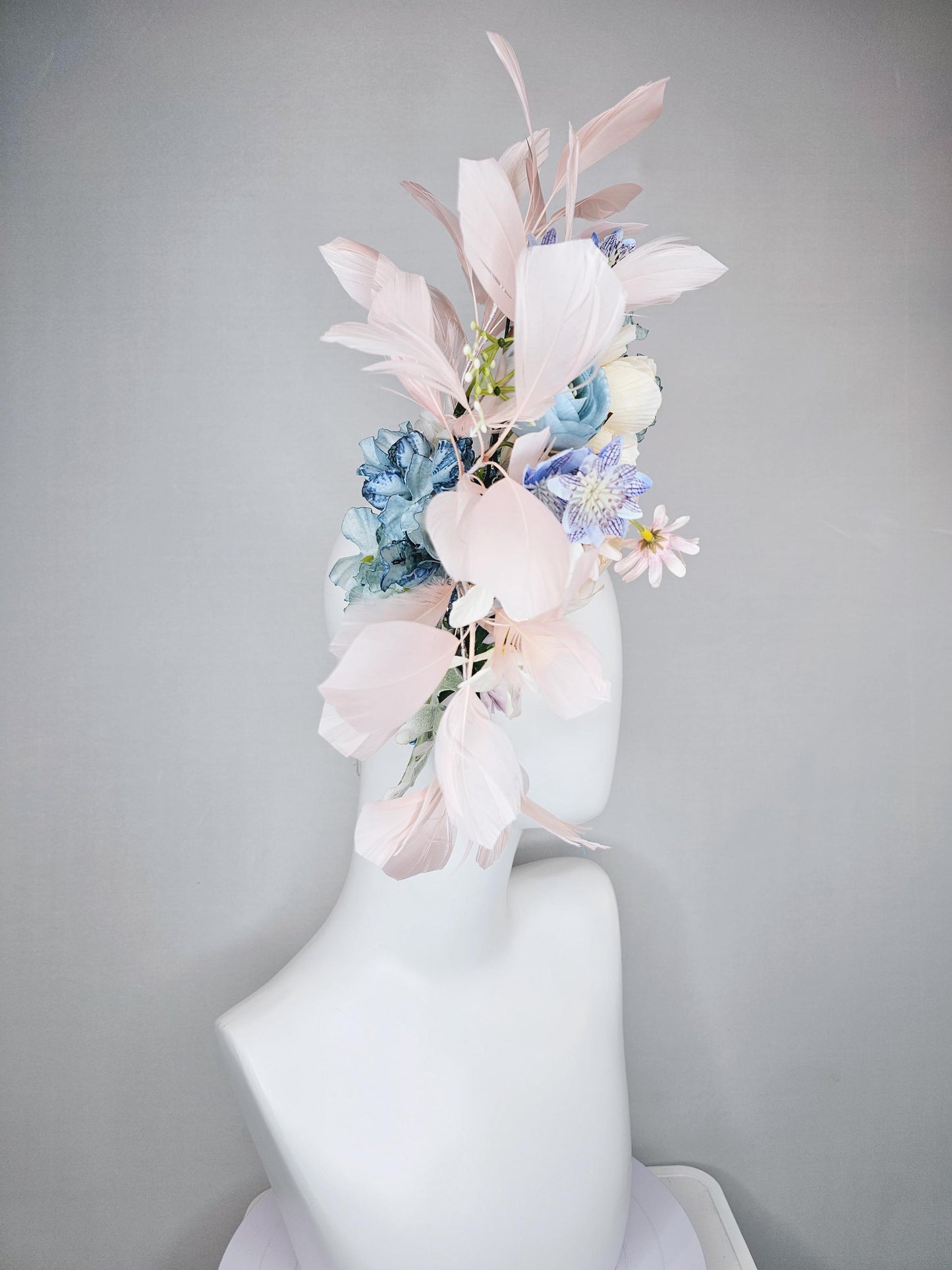 kentucky derby hat fascinator iridescent sky blue crystal headband,white neutral cream teal blue lavender purple flowers,light pink feathers