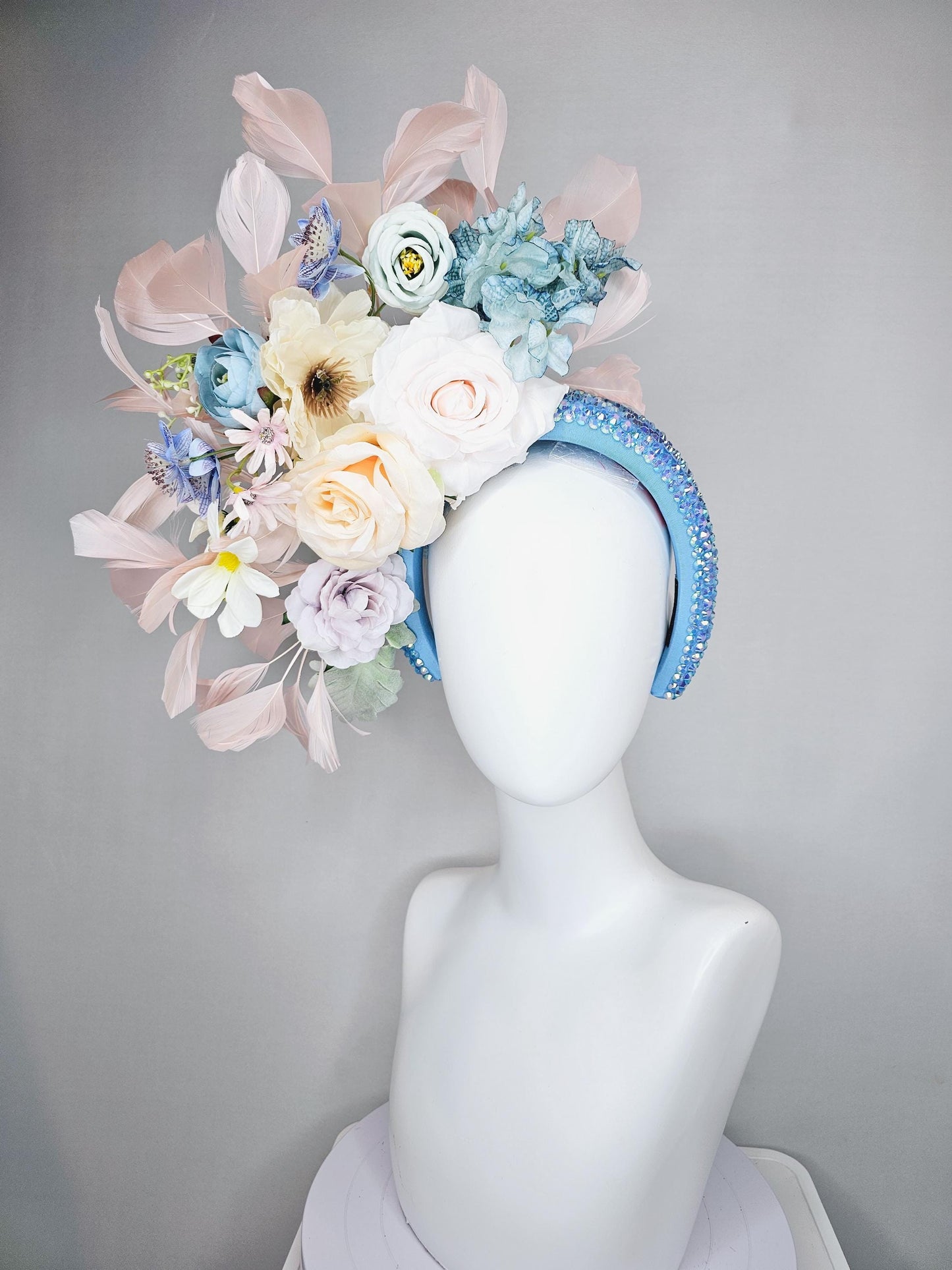 kentucky derby hat fascinator iridescent sky blue crystal headband,white neutral cream teal blue lavender purple flowers,light pink feathers