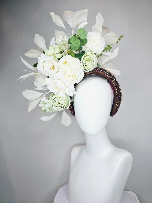 kentucky derby hat fascinator iridescent brown copper crystal headband, ivory white neutral light green flowers, green leaves,white feathers