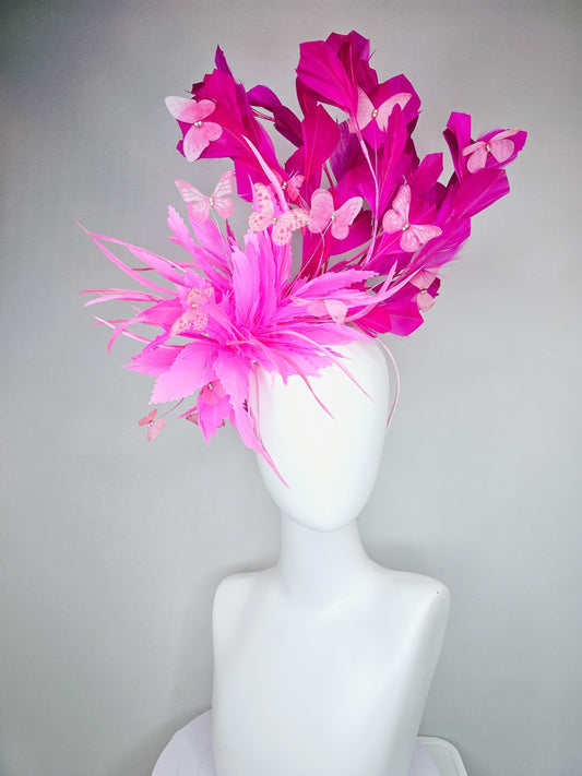 kentucky derby hat fascinator with fluffy pink zigzag feather, bright fuchsia pink branching feathers and pink butterflies